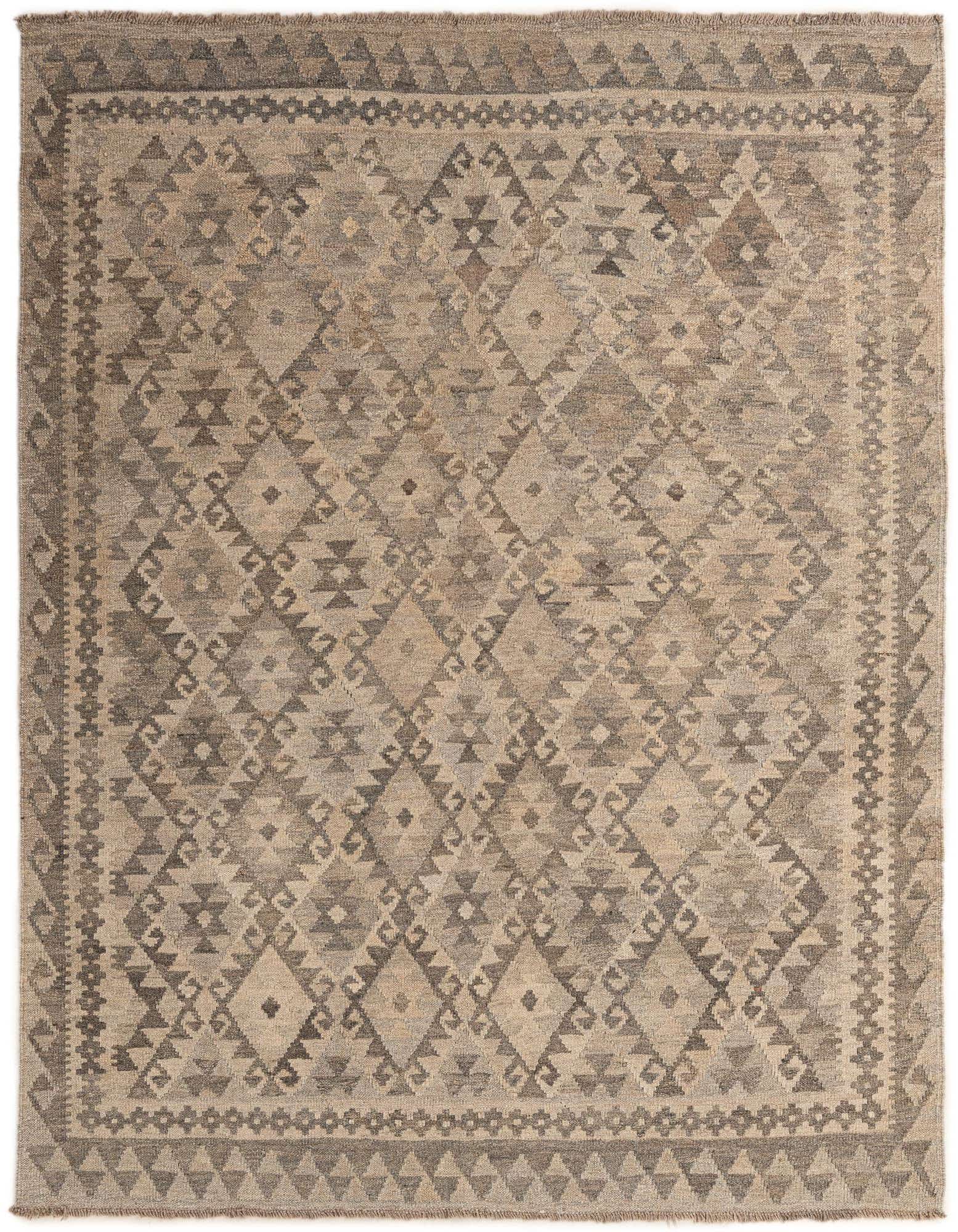 A 5x7 rectangular Kilim Maymana rug featuring a tribal geometric pattern in varying shades of gray and silver.