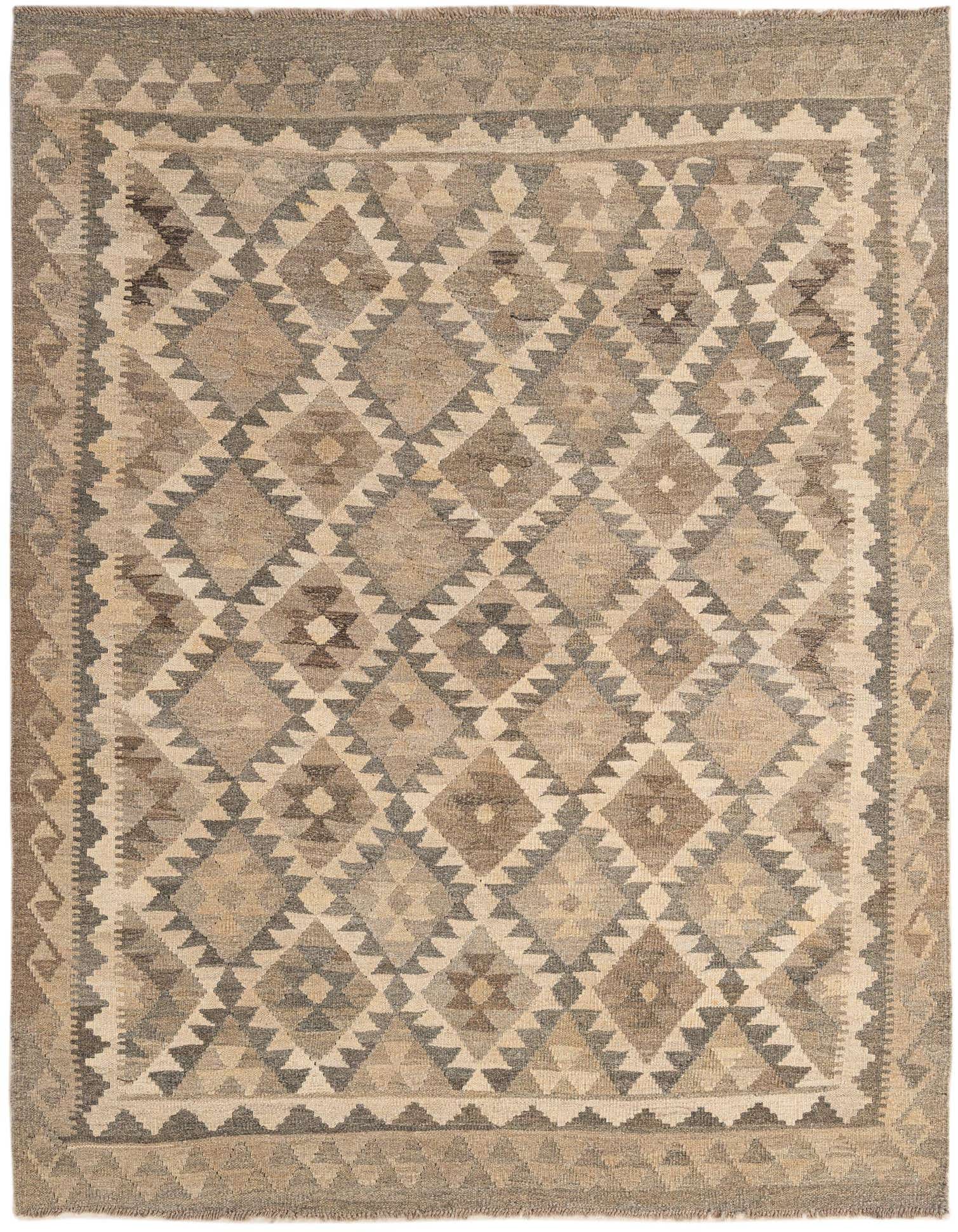 A 5x7 rectangular Kilim Maymana rug featuring a tribal geometric pattern in varying shades of gray and silver.