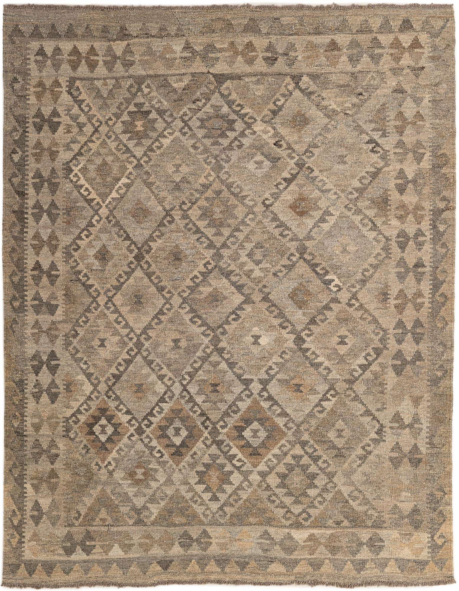 A 5x7 rectangular Kilim Maymana rug featuring a tribal diamond pattern in various shades of gray and silver, with a flatweave texture.