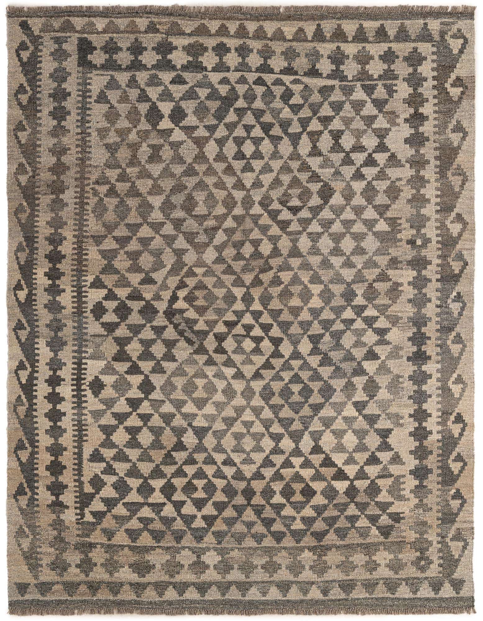 A 5x7 rectangular gray and silver tribal flatweave rug with a geometric pattern and decorative border.