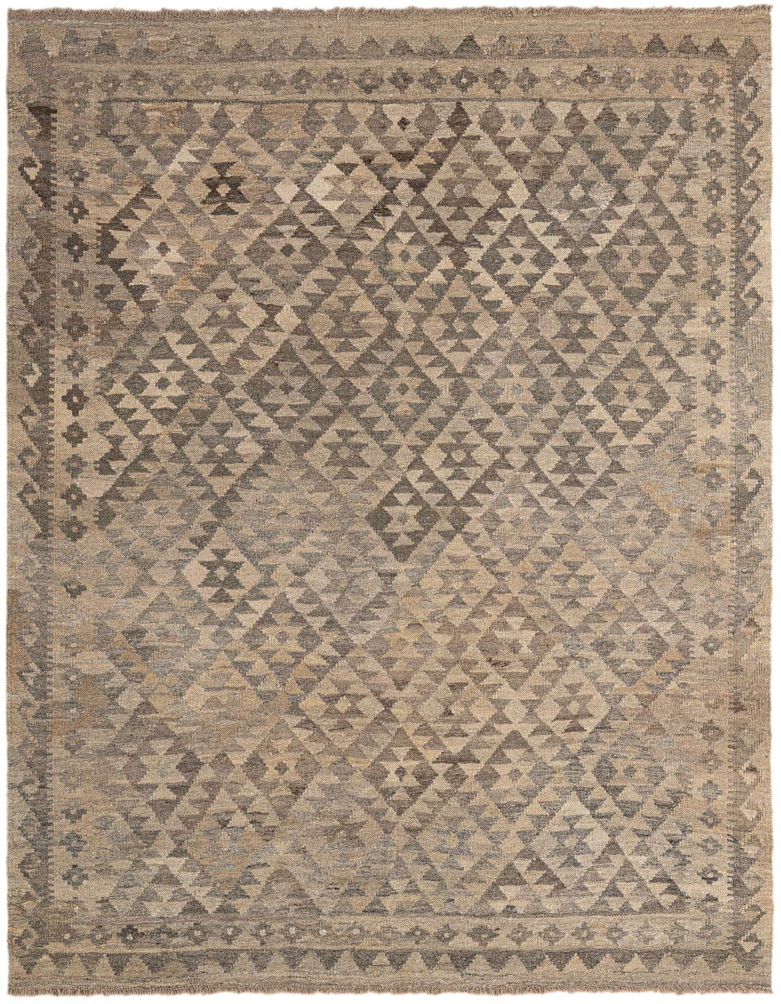 A 5x7 rectangular Kilim Maymana rug featuring a tribal geometric pattern in varying shades of gray and silver.
