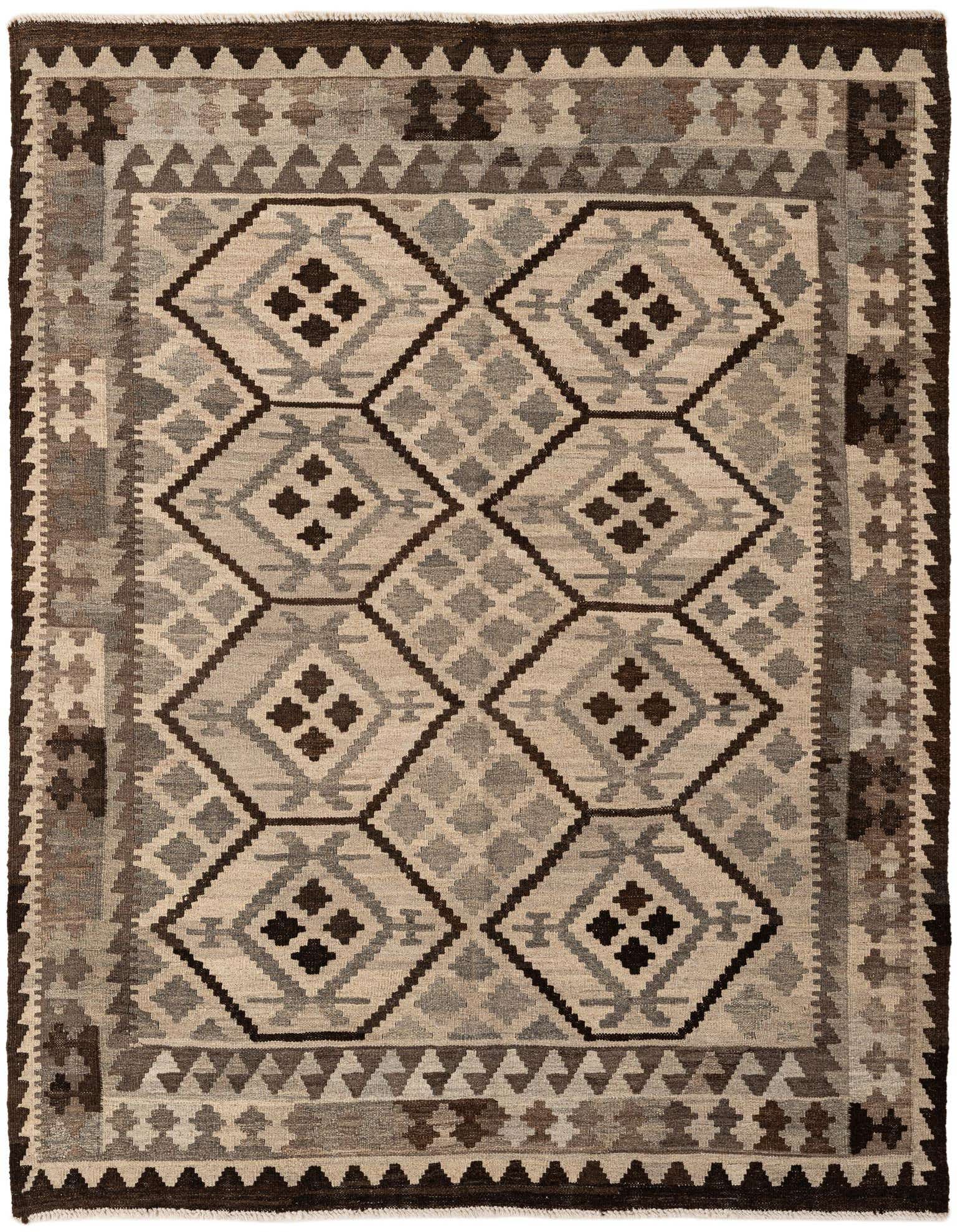A 5x7 rectangular Kilim Maymana wool rug with a tribal geometric pattern in shades of gray and silver.