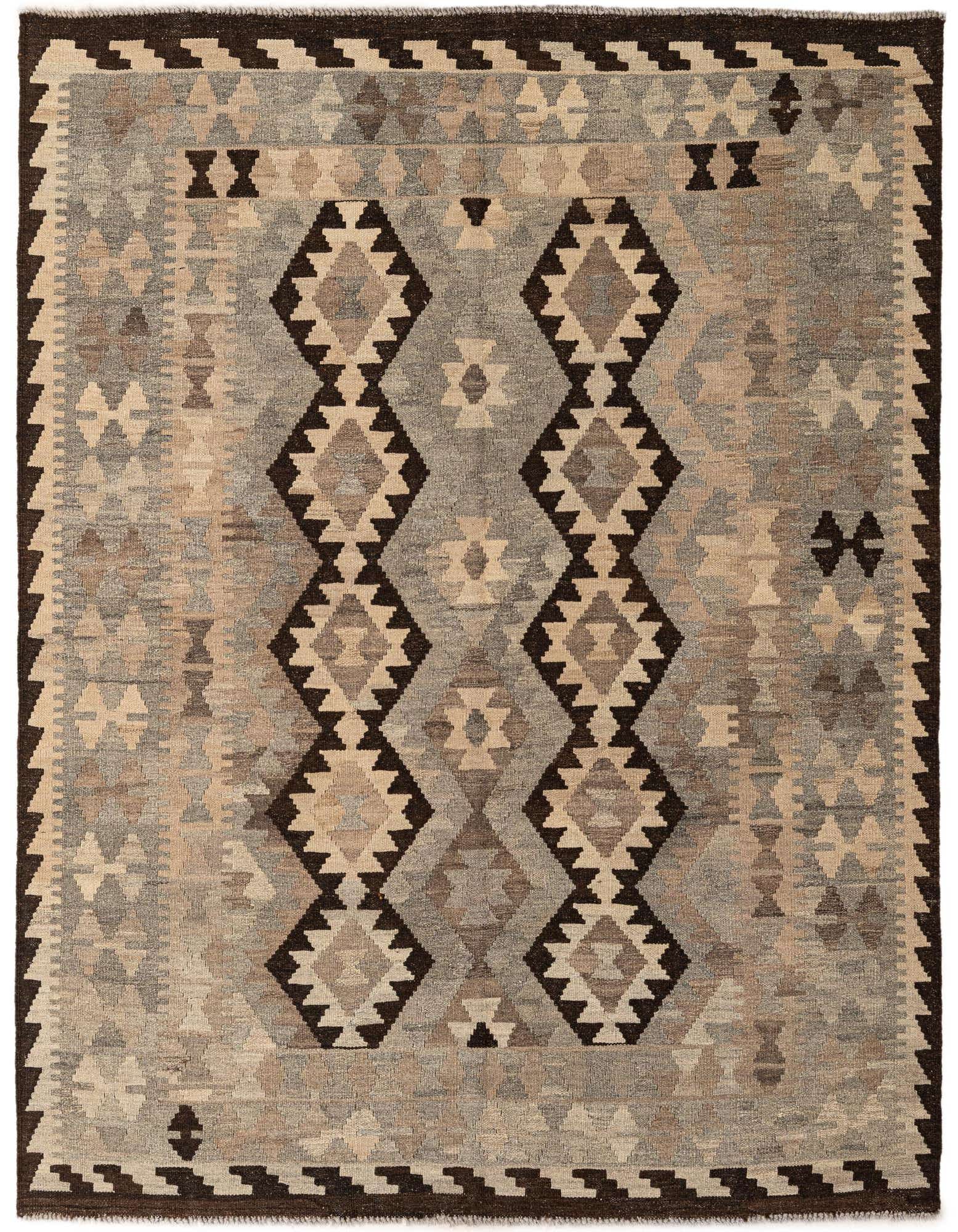 A 5x7 rectangular Kilim Maymana rug featuring a tribal geometric pattern in shades of gray, silver, and dark brown.