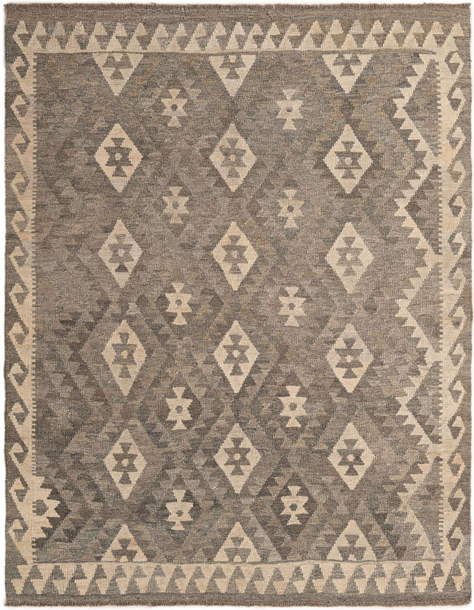 A 5x7 rectangular gray and silver tribal flatweave rug with diamond and geometric patterns and a light border.