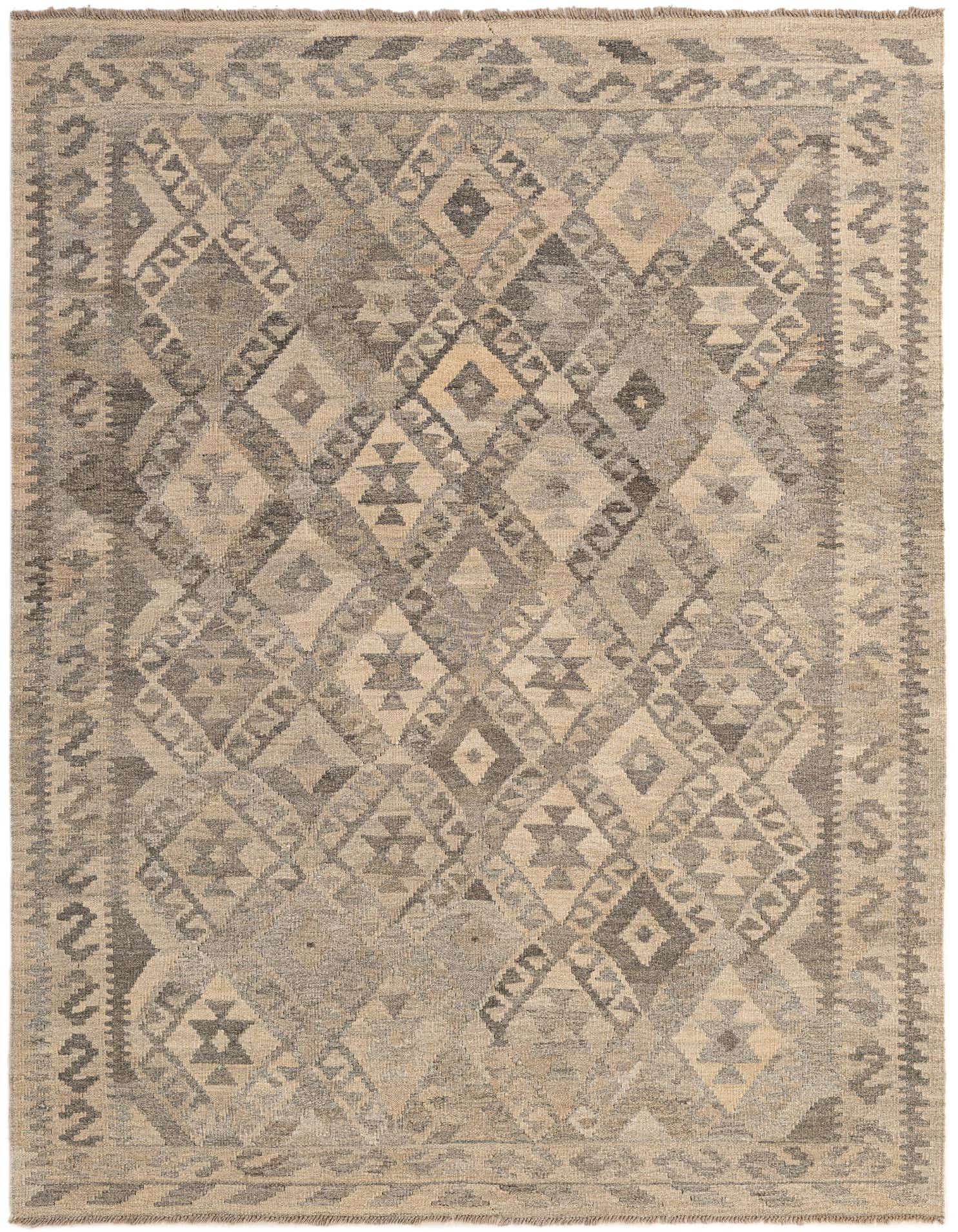 A 5x7 rectangular Kilim Maymana rug featuring a tribal geometric pattern in varying shades of gray and silver.