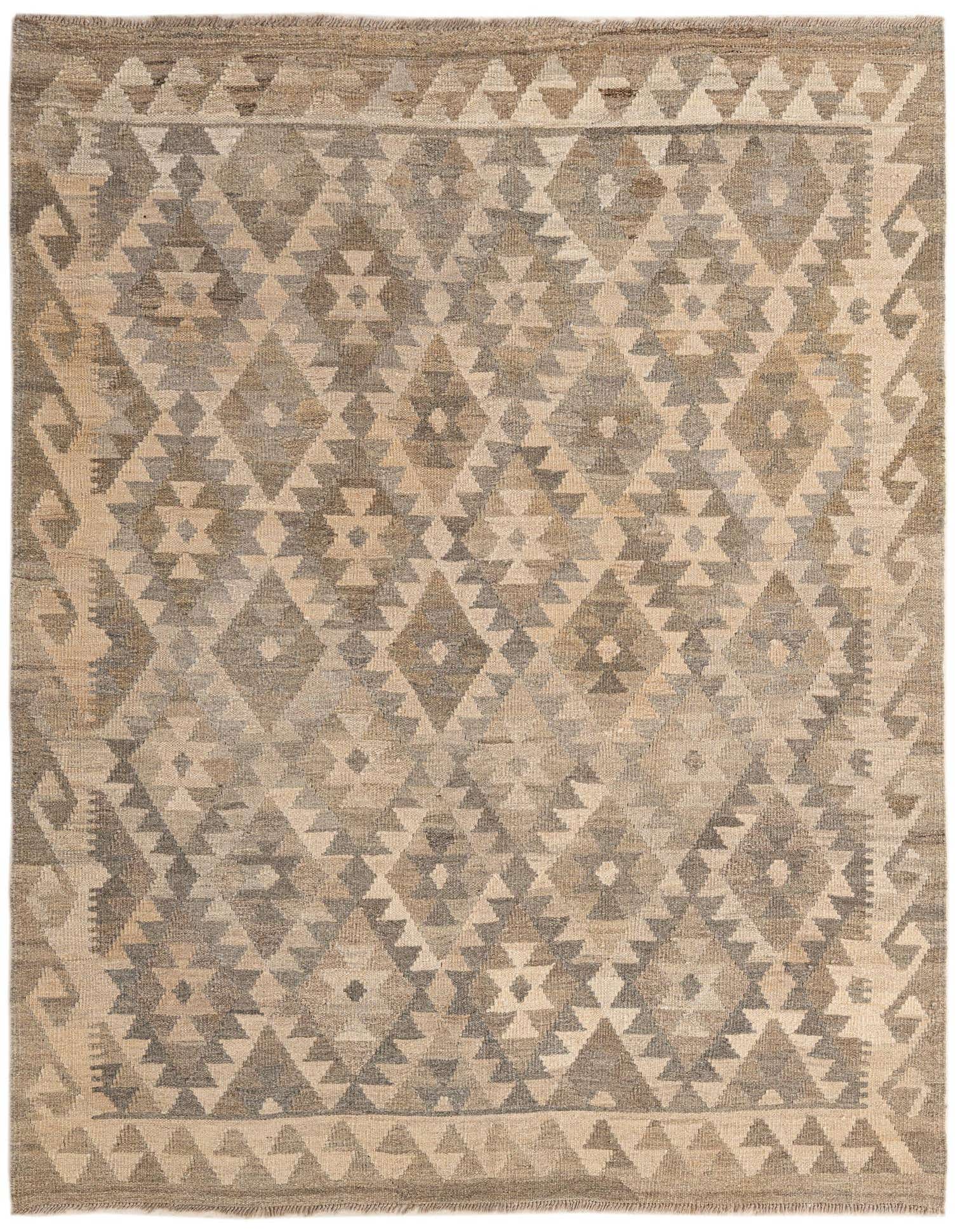 A 5x7 rectangular Kilim Maymana rug featuring a tribal geometric pattern in shades of gray and beige.