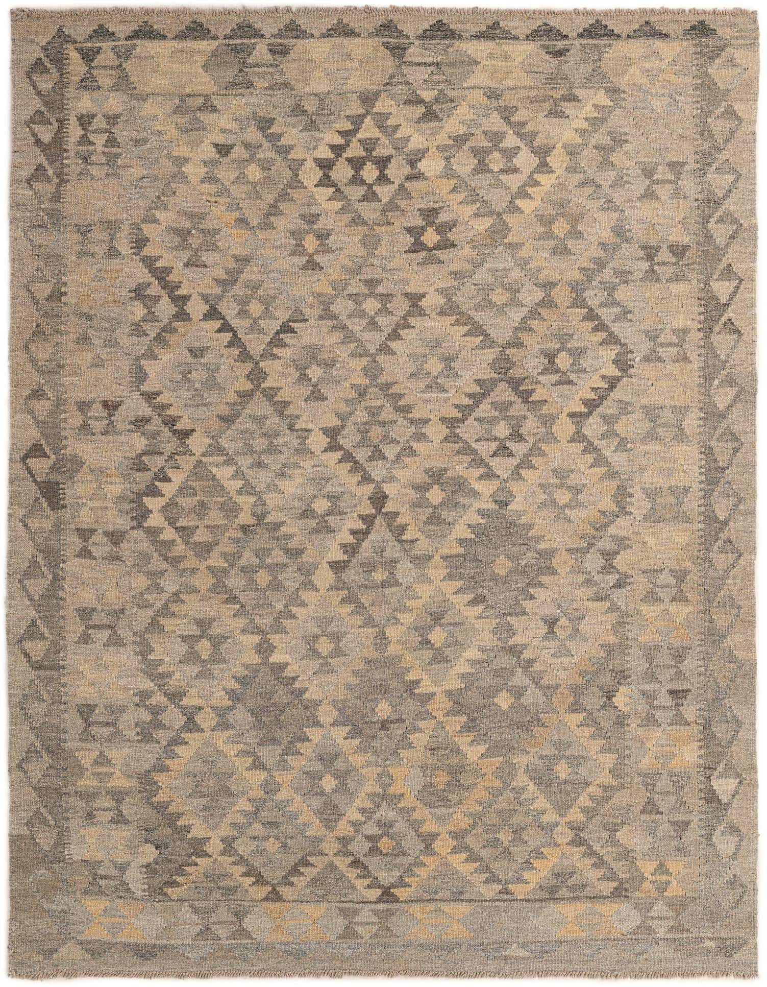A 5x7 rectangular Kilim Maymana rug featuring a tribal geometric pattern in varying shades of gray, silver, and natural wool tones.