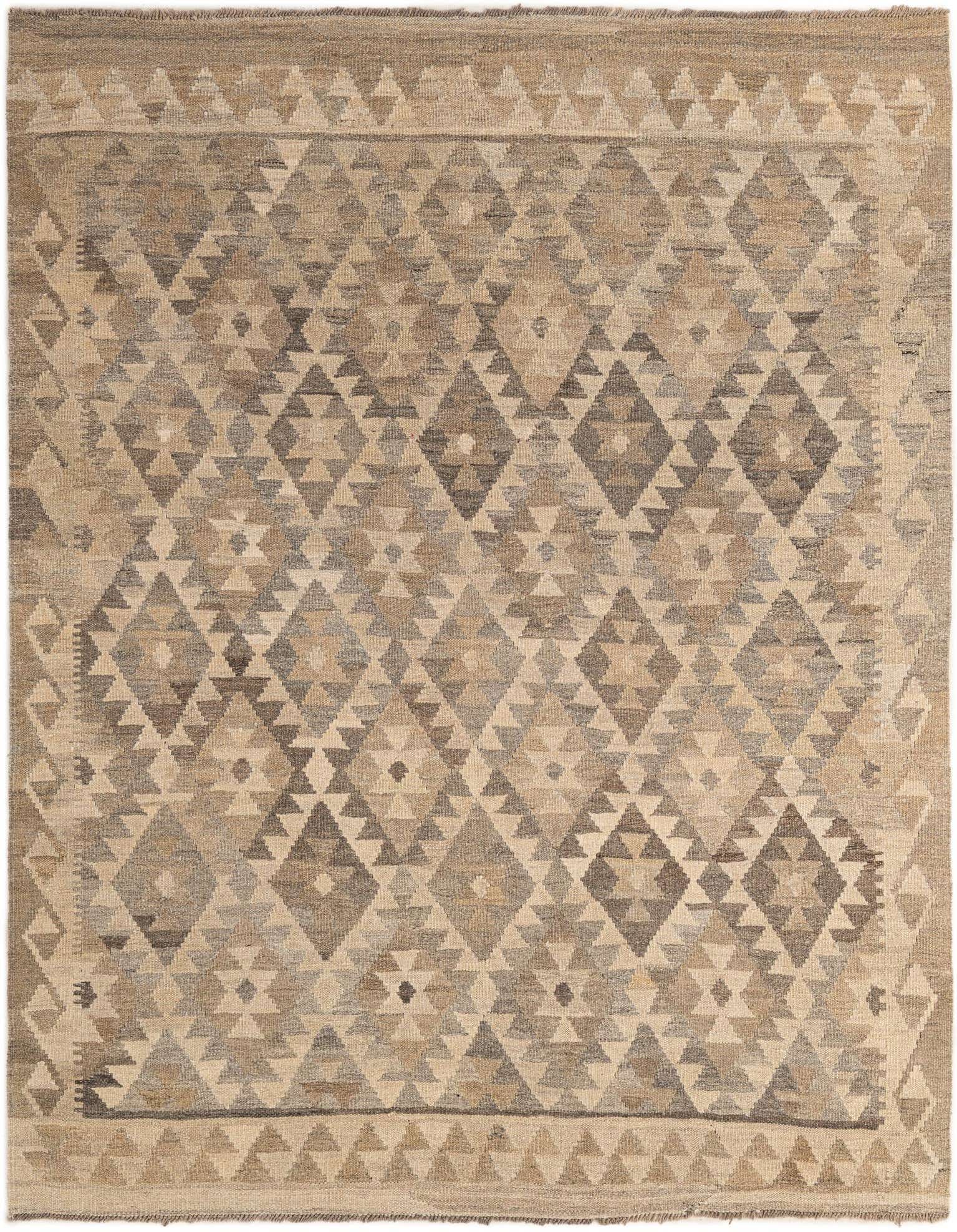A 5x7 rectangular Kilim Maymana wool rug featuring a tribal geometric diamond pattern in varying shades of gray and silver.