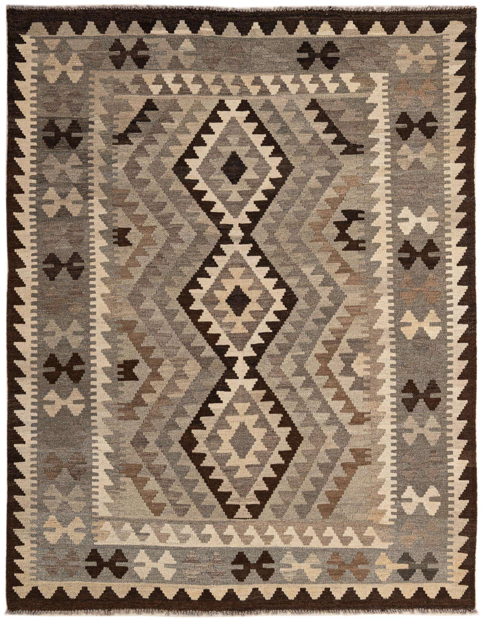 A 5x7 rectangular Kilim Maymana rug featuring a tribal geometric pattern in shades of gray, silver, and brown, with a dark border.