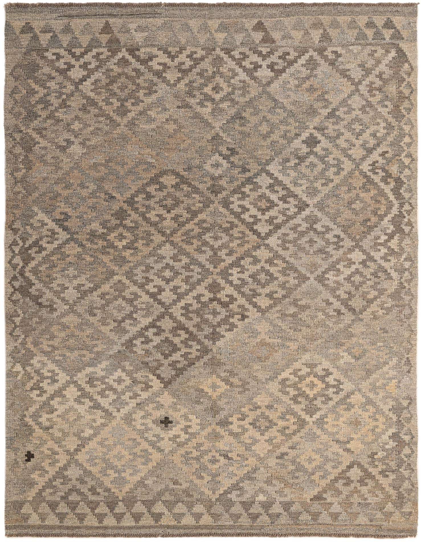 A 5x7 rectangular Kilim Maymana rug featuring a tribal geometric pattern in varying shades of gray and silver.