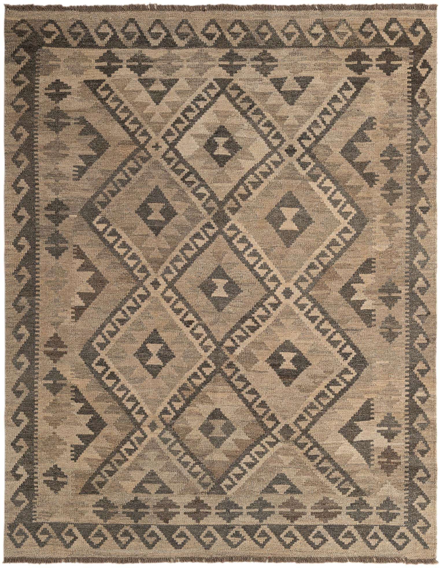 A 5x7 rectangular Kilim Maymana wool rug featuring a tribal geometric pattern in shades of gray and silver.