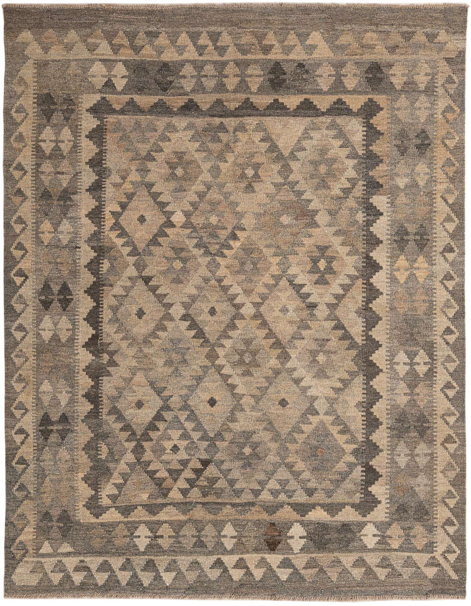 A 5x7 rectangular Kilim Maymana rug featuring a tribal geometric pattern in varying shades of gray and silver.
