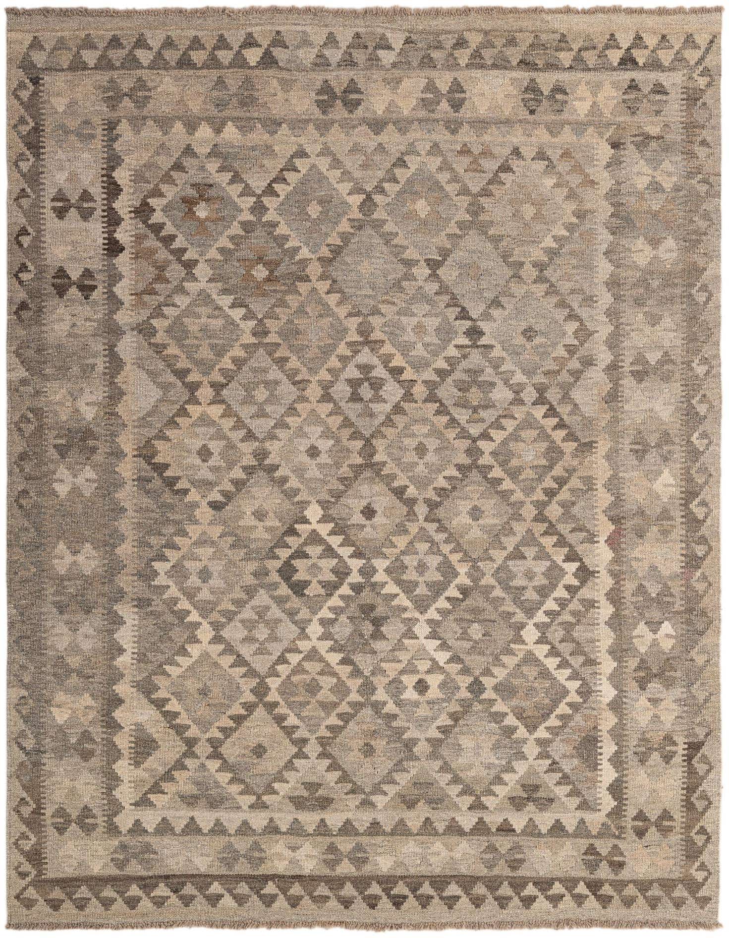 A 5x7 rectangular Kilim Maymana wool rug featuring tribal geometric patterns in various shades of gray and silver.