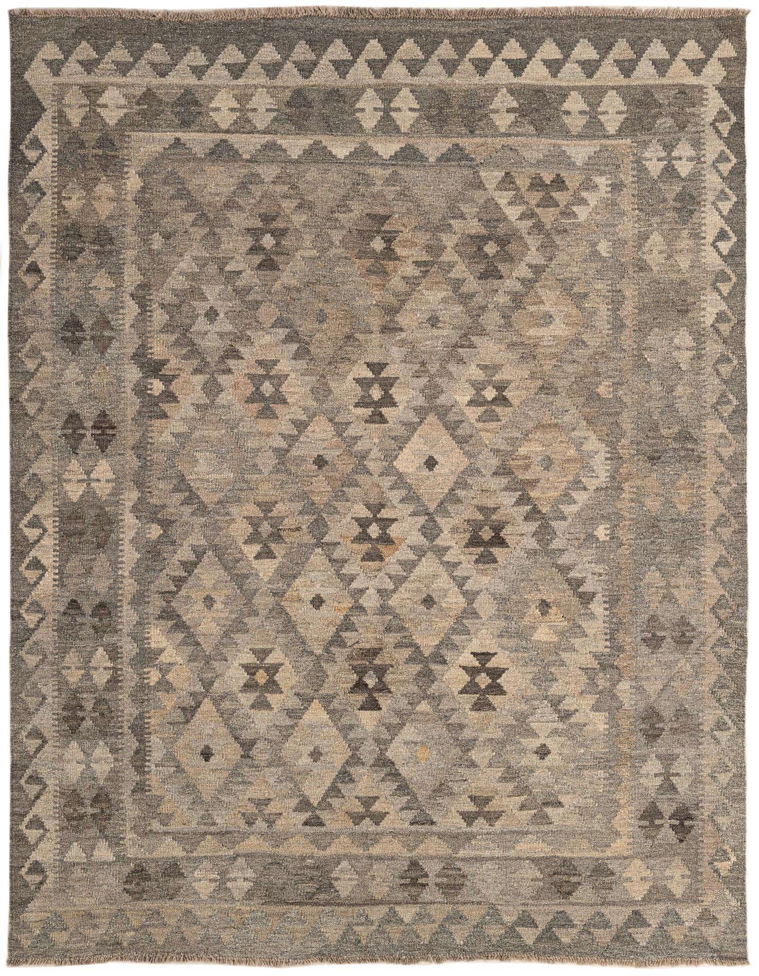 A 5x7 rectangular Kilim Maymana rug featuring a tribal geometric pattern in varying shades of gray and silver.