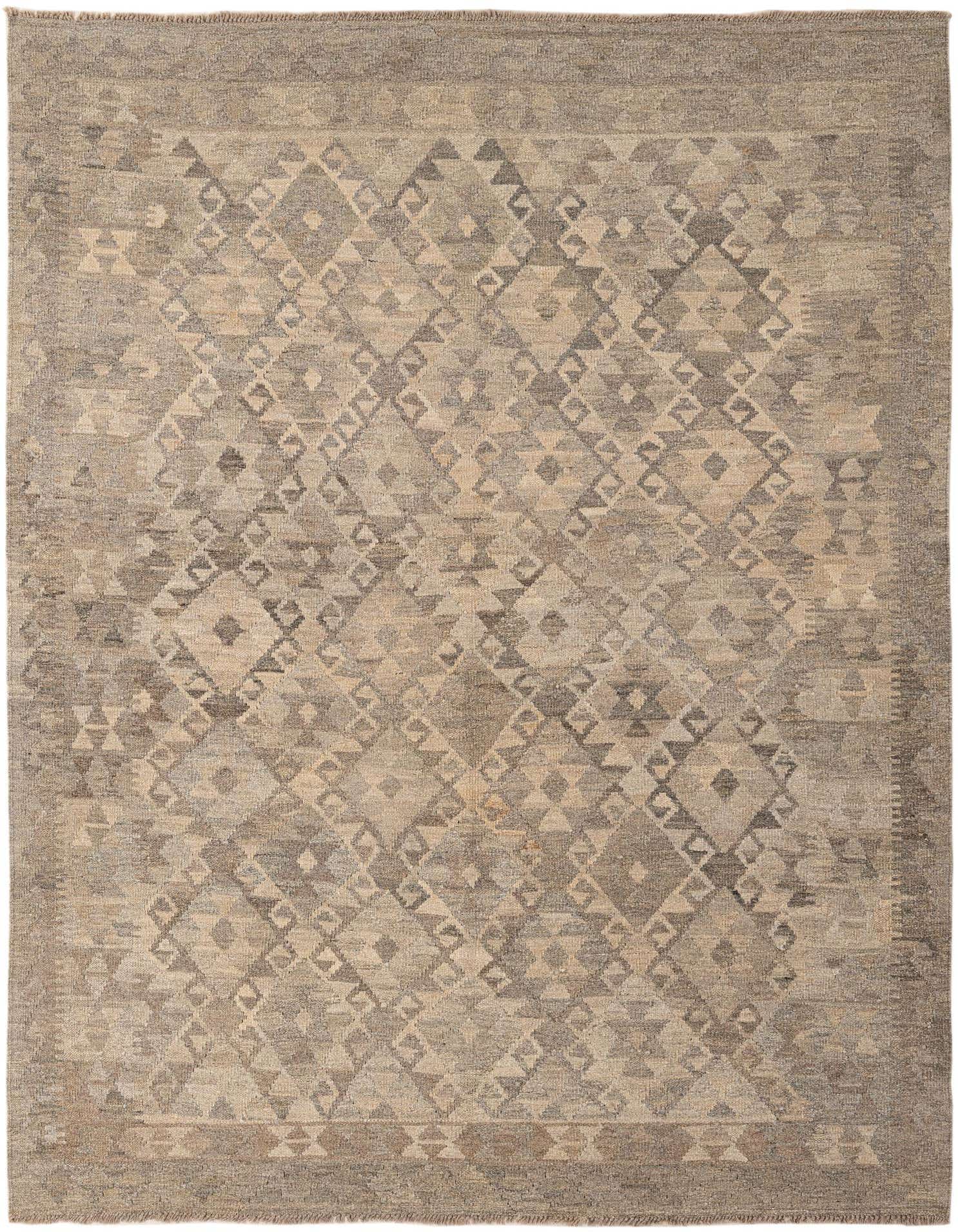 A 5x7 rectangular Kilim Maymana rug featuring a tribal geometric pattern in varying shades of gray and silver.