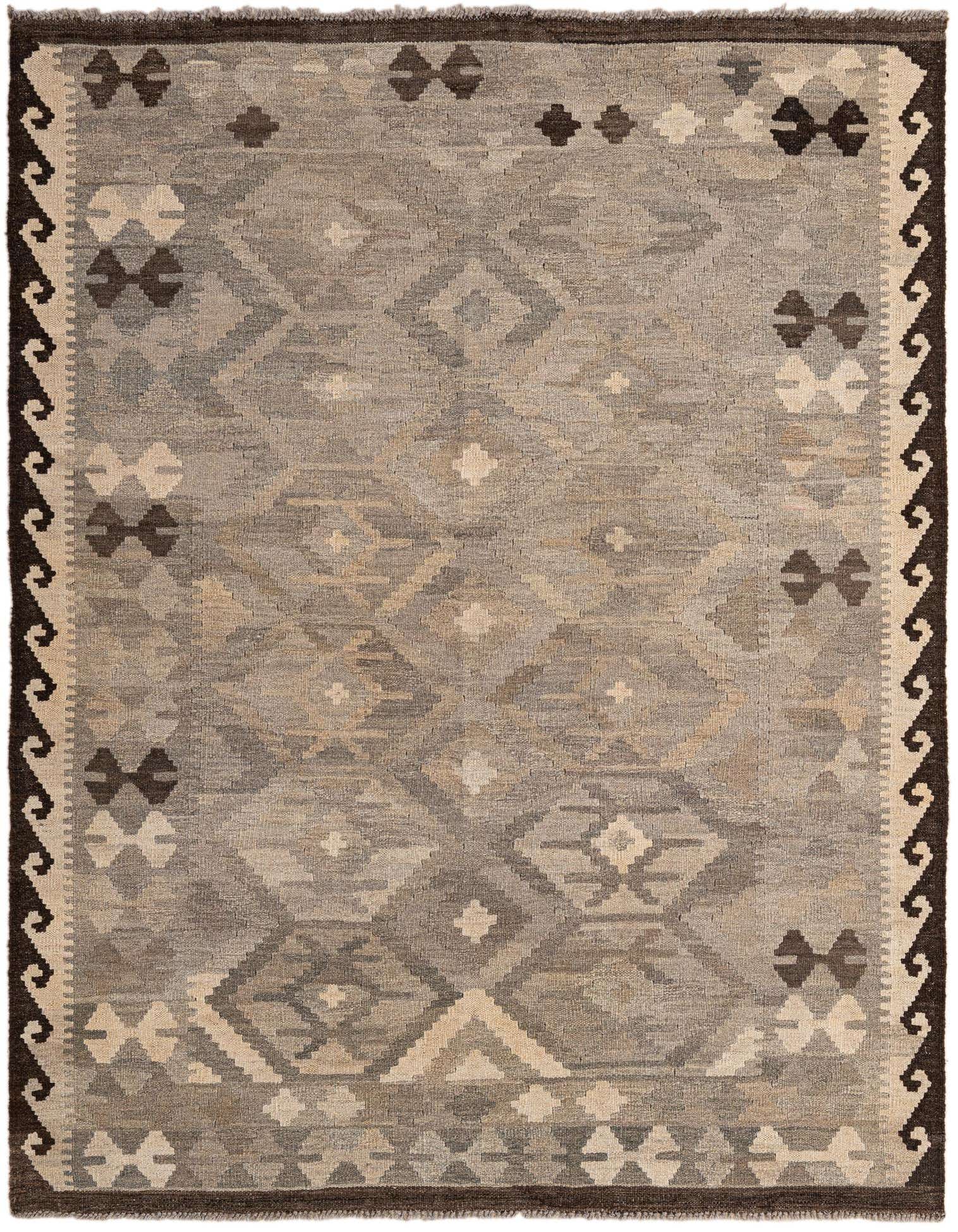 A 5x7 rectangular Kilim Maymana wool rug in shades of gray and silver with a tribal geometric pattern and dark brown border.