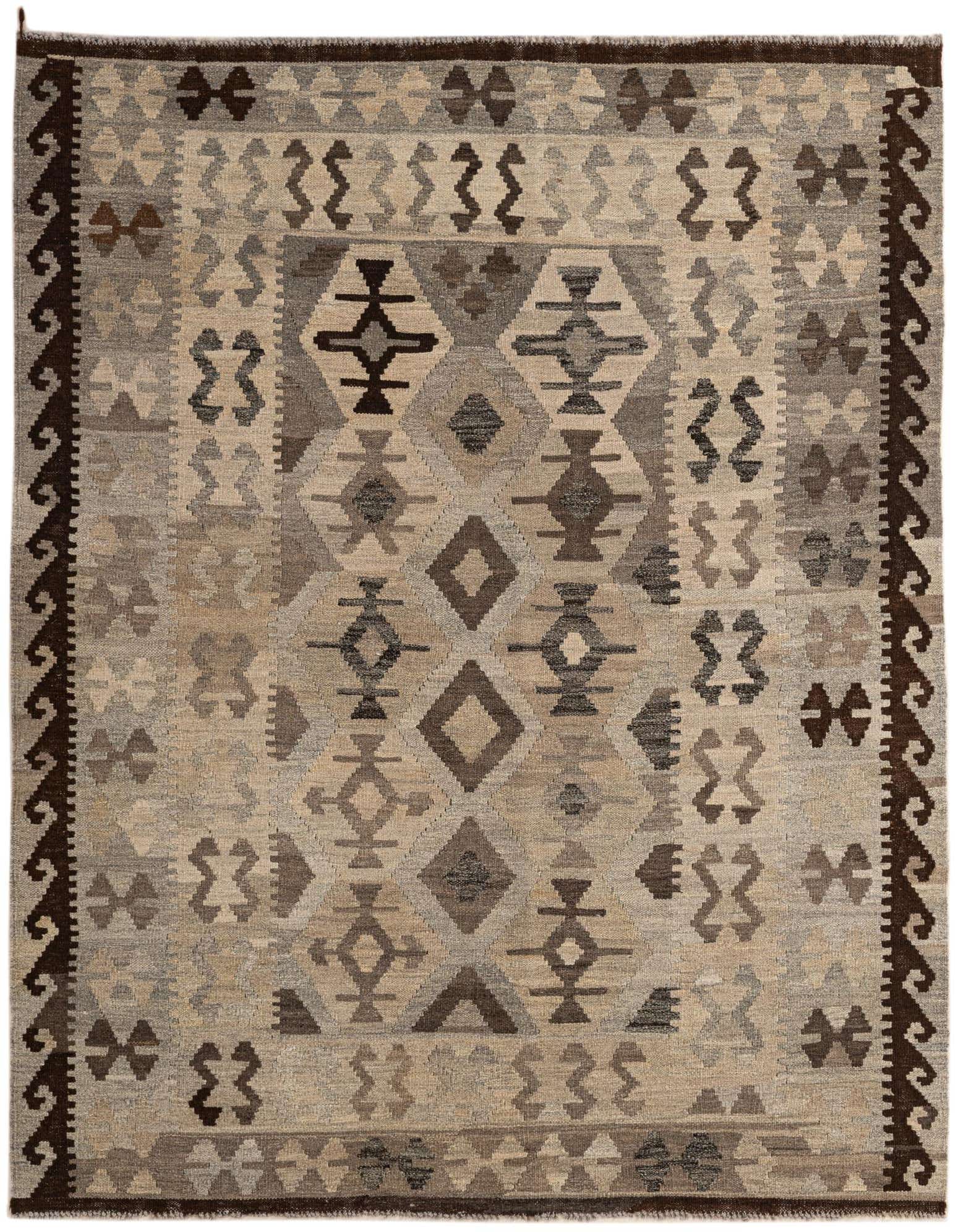A 5x7 rectangular Kilim Maymana rug featuring a tribal geometric pattern in various shades of gray and silver.
