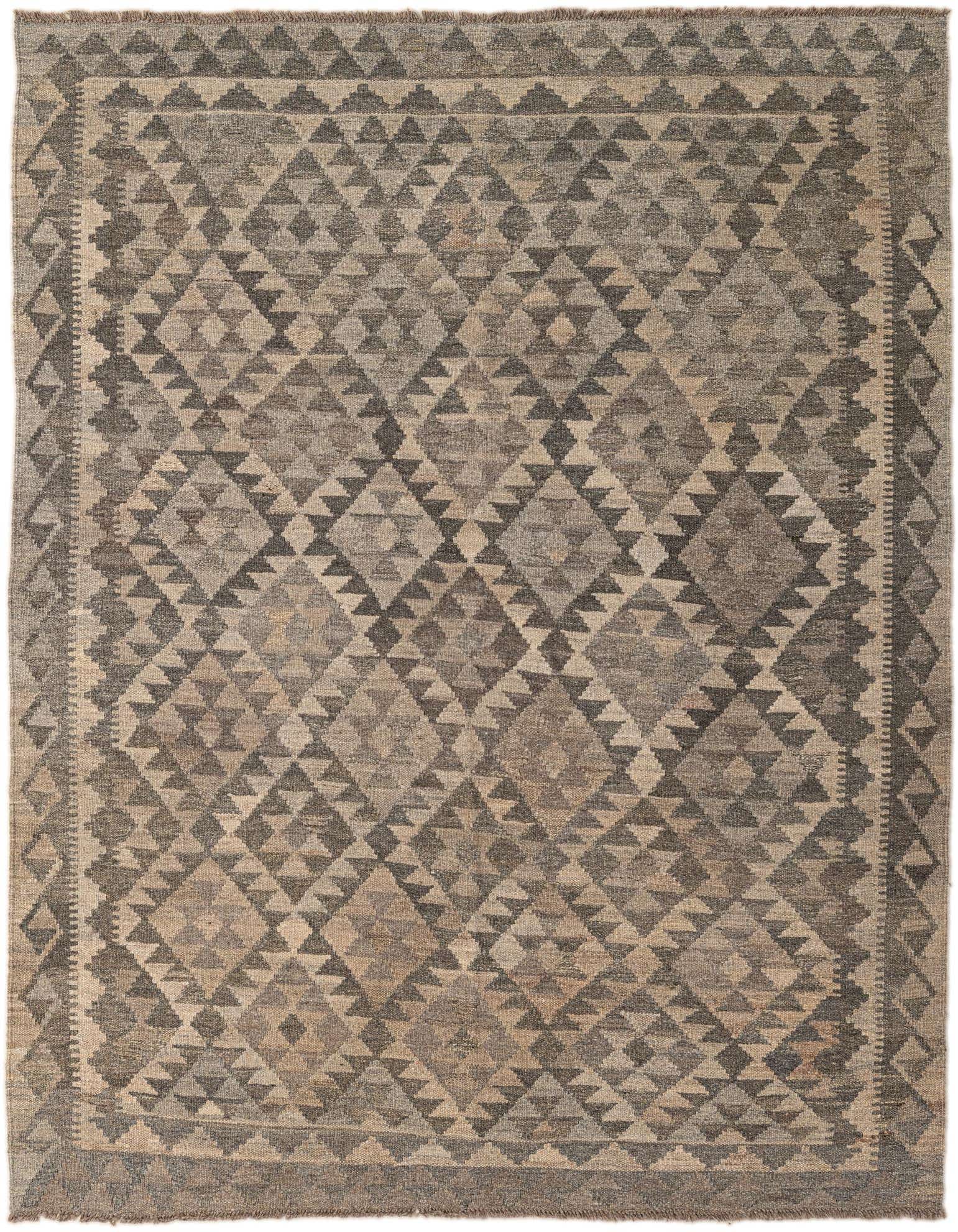 A 5x7 rectangular Kilim Maymana rug featuring a tribal geometric pattern in varying shades of gray, ideal for an indoor living space.