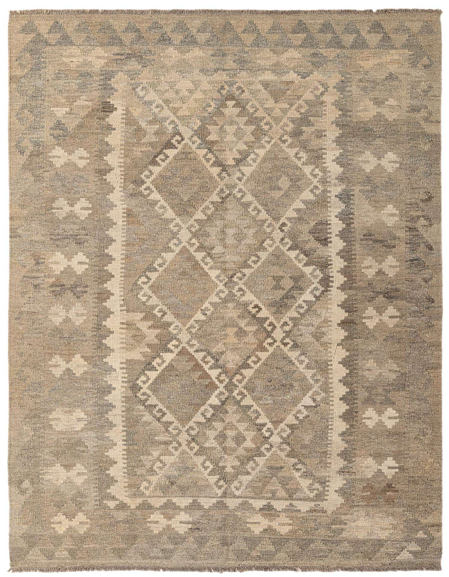 A 5x7 rectangular Kilim Maymana rug featuring a tribal geometric pattern in varying shades of gray and silver, with a thin, flatweave texture.