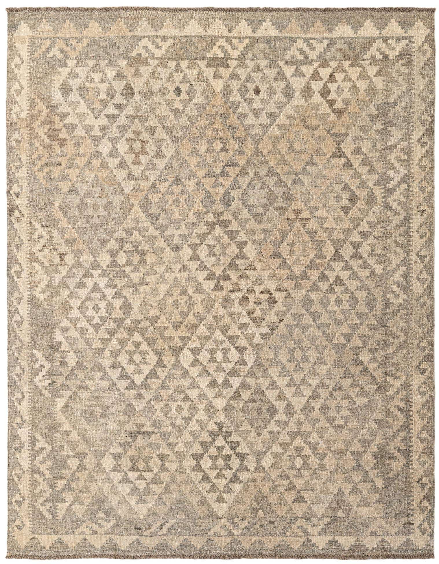 A 5x7 rectangular Kilim Maymana rug featuring a tribal geometric pattern in varying shades of gray and silver.