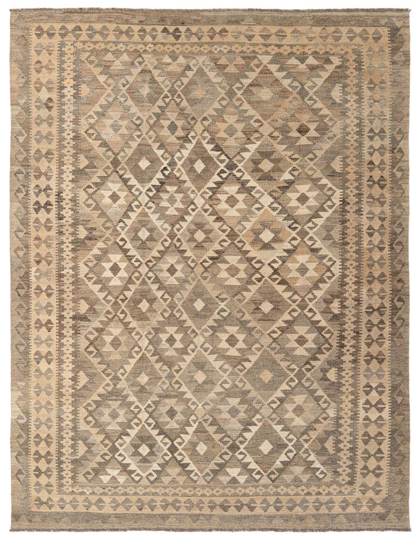7x10 rectangular flatweave rug in shades of gray and beige with a tribal diamond pattern and decorative border.