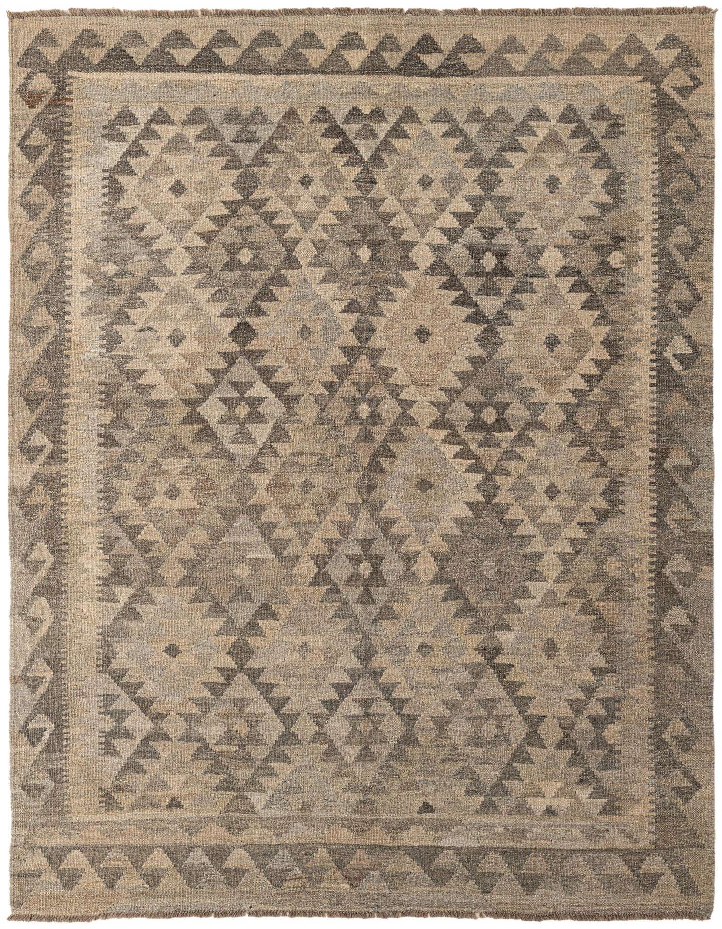 A 5x7 rectangular gray and silver tribal flatweave rug with a geometric pattern and border.
