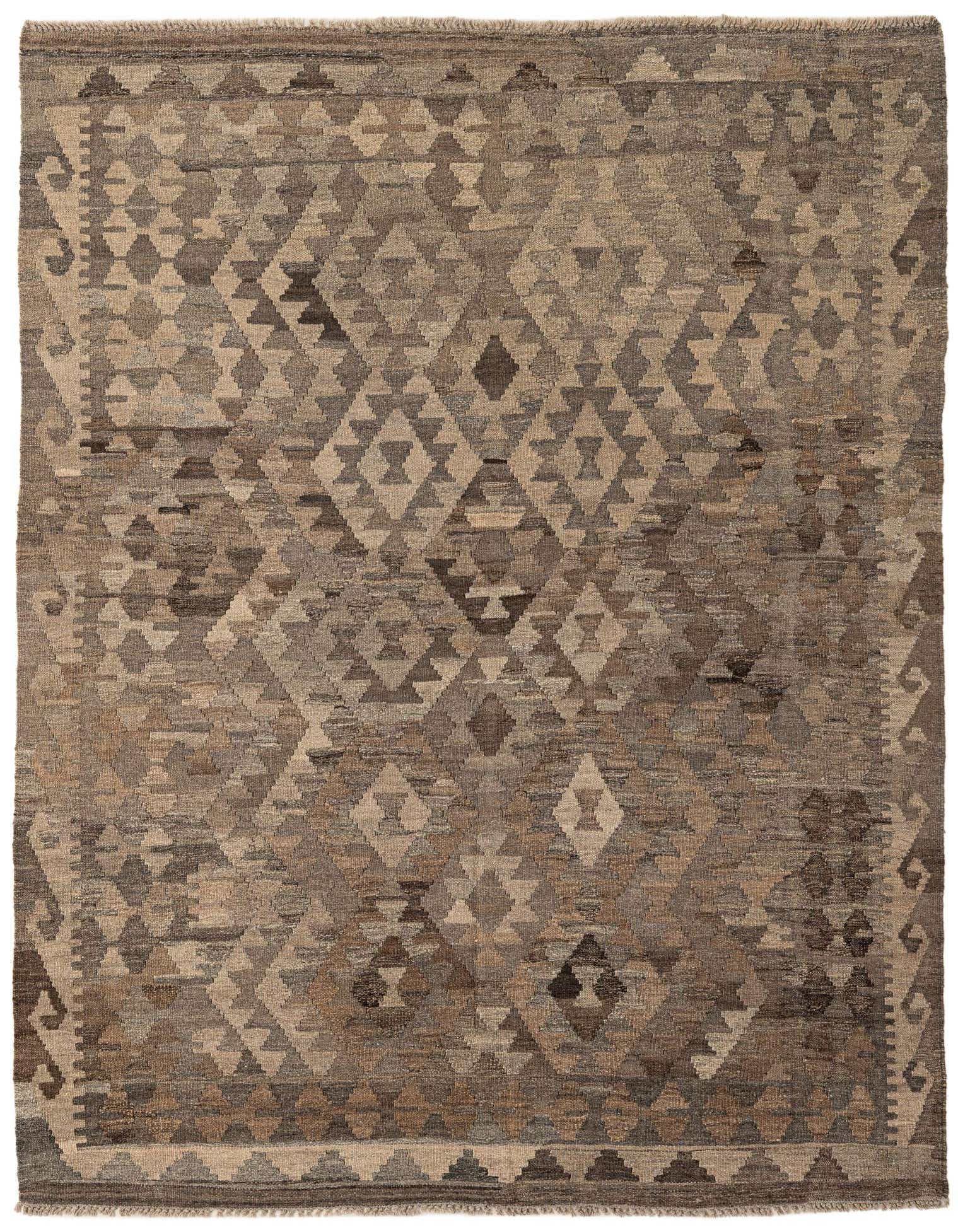 A 5x7 rectangular Kilim Maymana rug featuring a tribal geometric pattern in varying shades of gray and silver.
