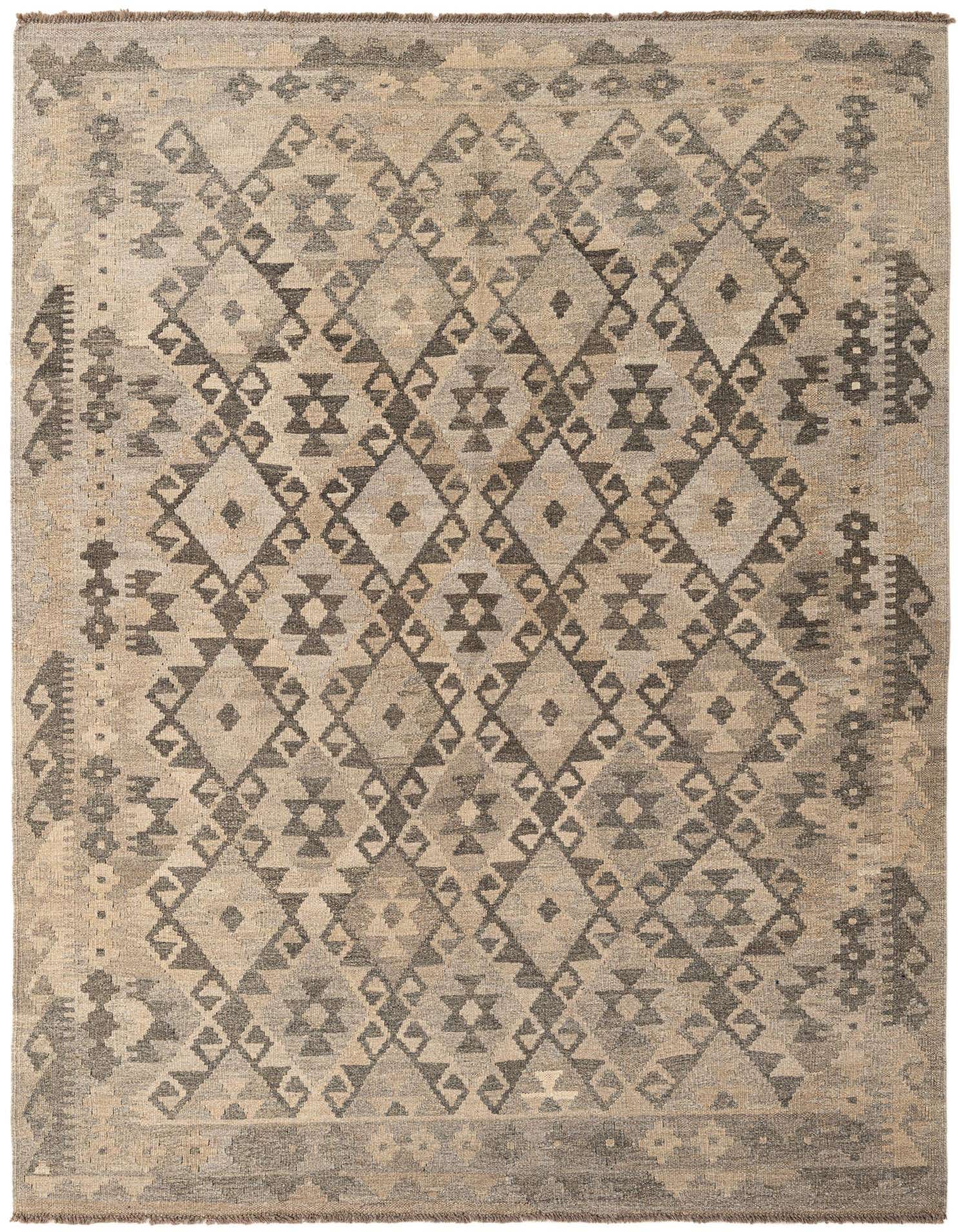A 5x7 rectangular Kilim Maymana wool rug featuring a tribal geometric pattern in varying shades of gray and silver.