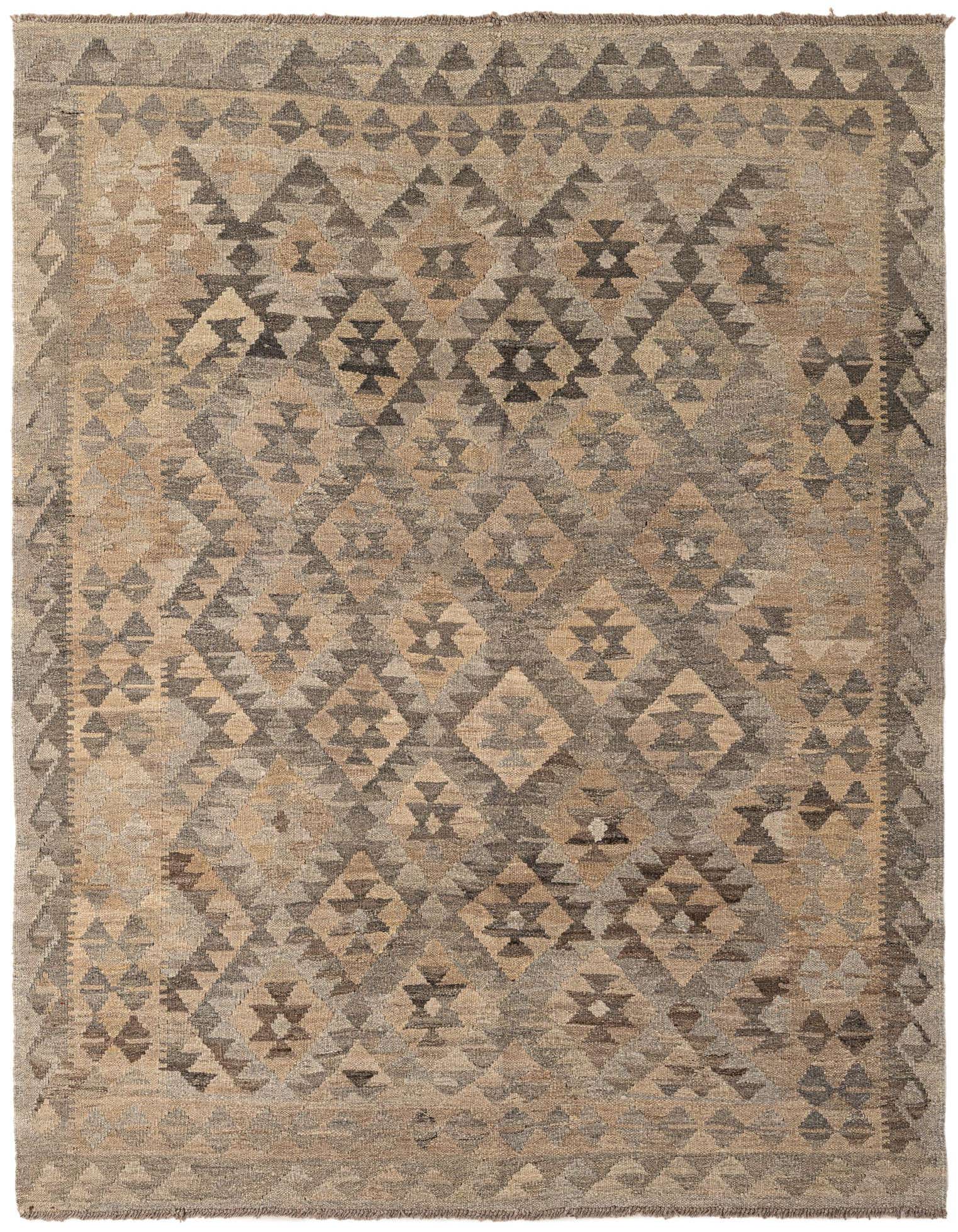 A 5x7 rectangular Kilim Maymana rug featuring a tribal geometric pattern in varying shades of gray and silver.