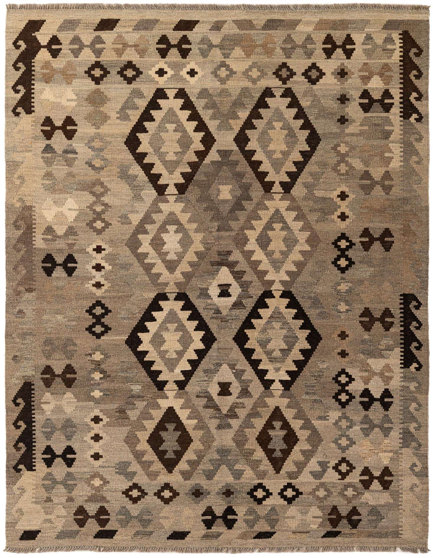 A 5x7 rectangular Kilim Maymana rug featuring a tribal geometric pattern in various shades of gray, silver, and brown, with a flatweave texture.