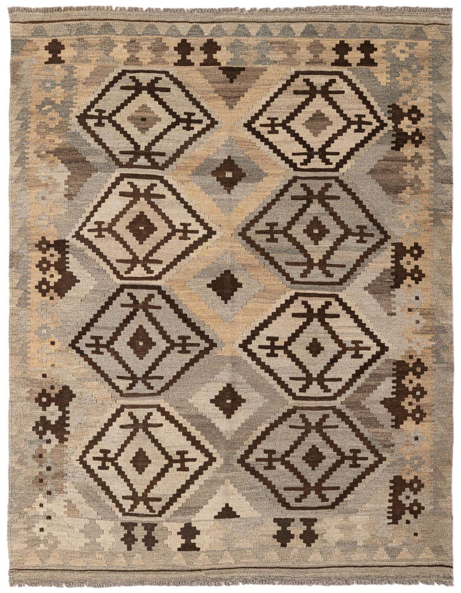 A 5x7 rectangular Kilim Maymana rug featuring a tribal geometric pattern in shades of gray, silver, and brown.