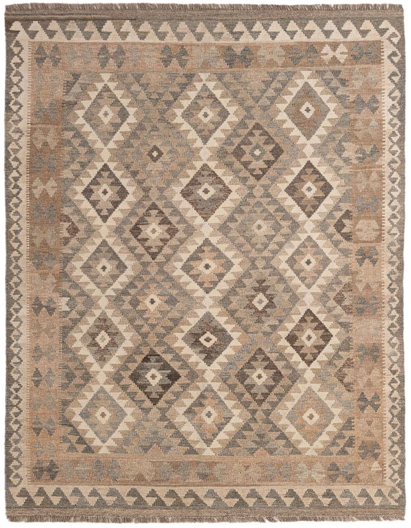 A 5x7 rectangular Kilim Maymana rug featuring a tribal geometric diamond pattern in shades of gray, silver, and beige.