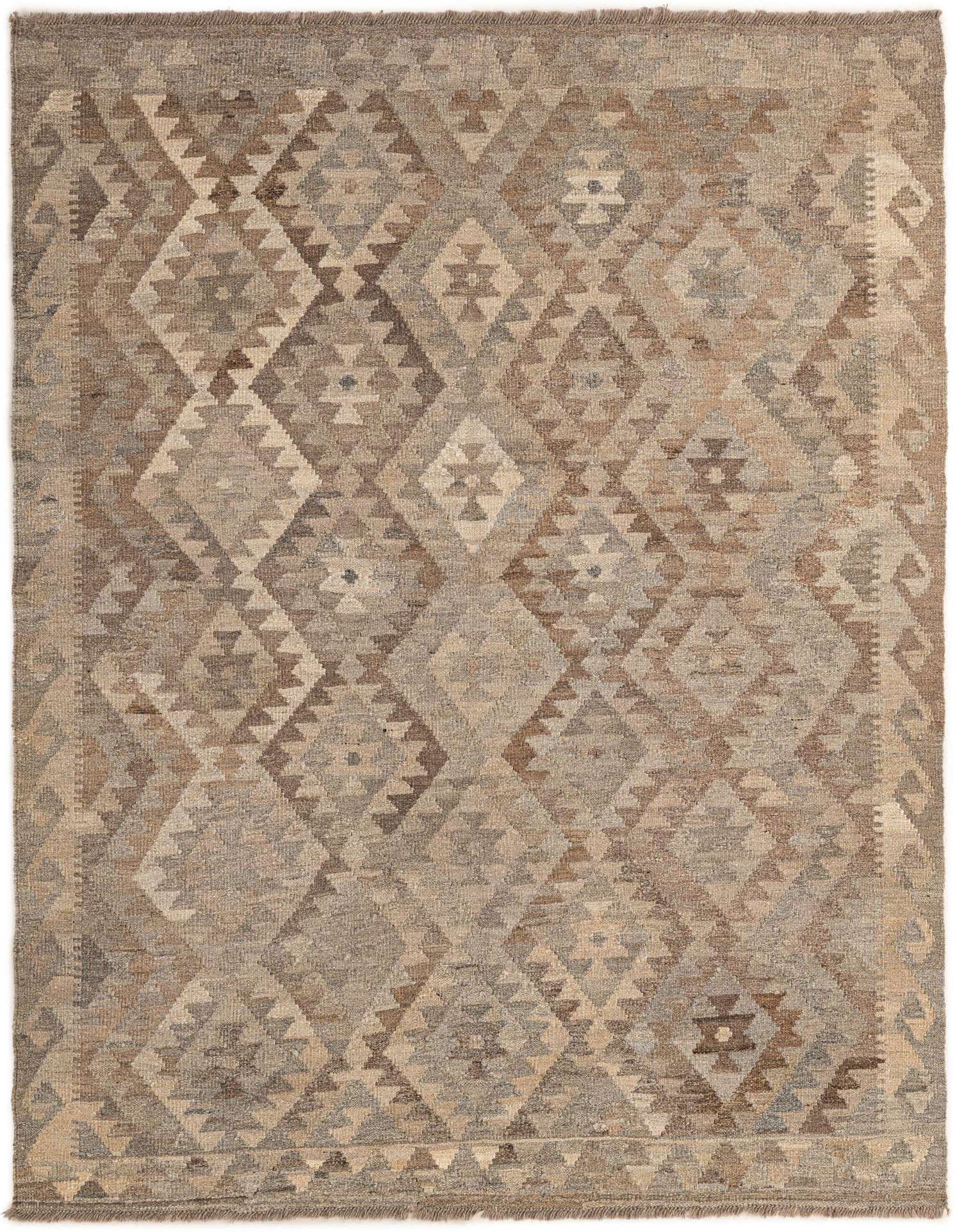 A 5x7 rectangular Kilim Maymana wool rug featuring a tribal geometric pattern in varying shades of gray, silver, and natural brown.