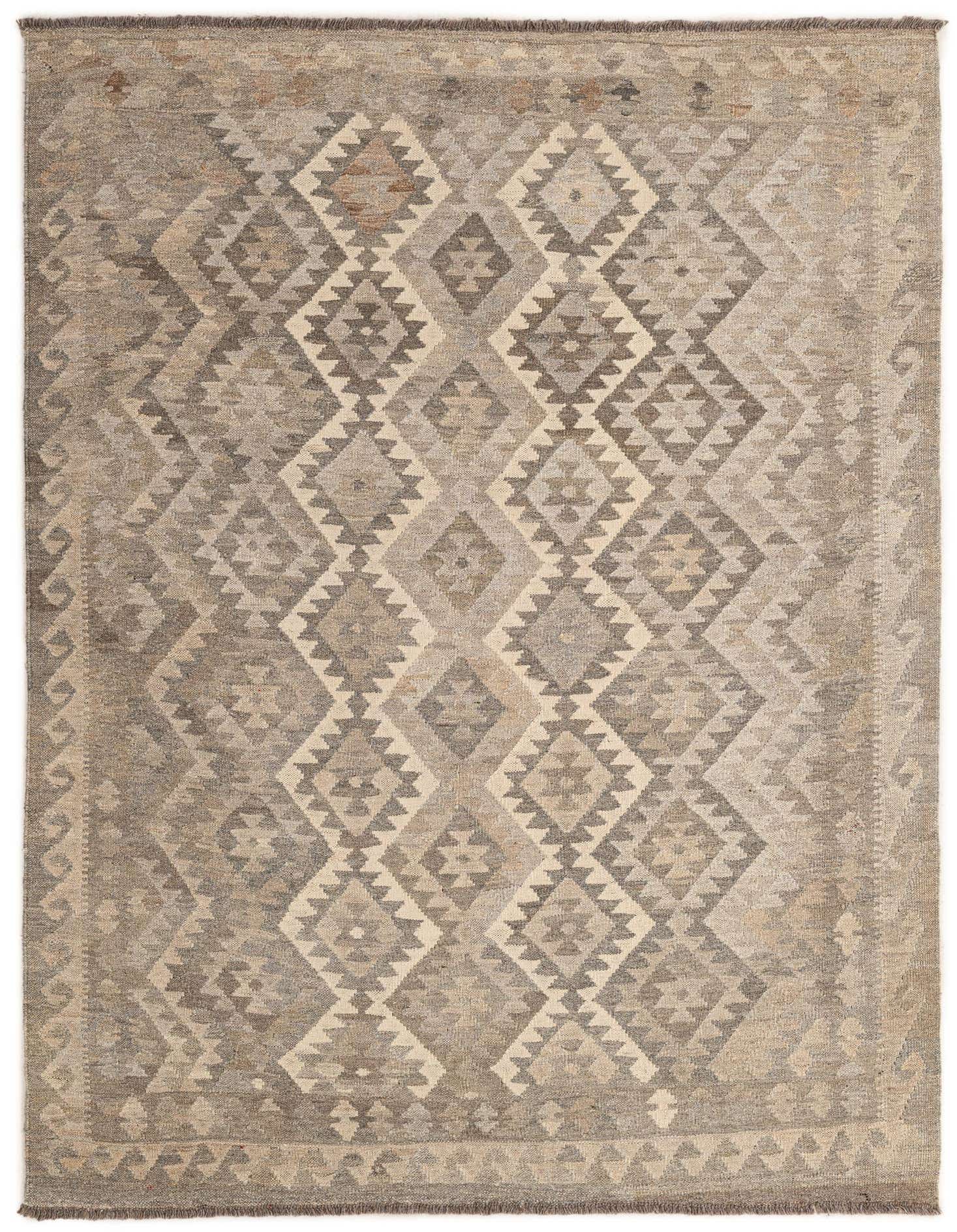 A 5x7 rectangular Kilim Maymana rug featuring a tribal geometric diamond pattern in varying shades of gray and silver, with a flatweave texture.