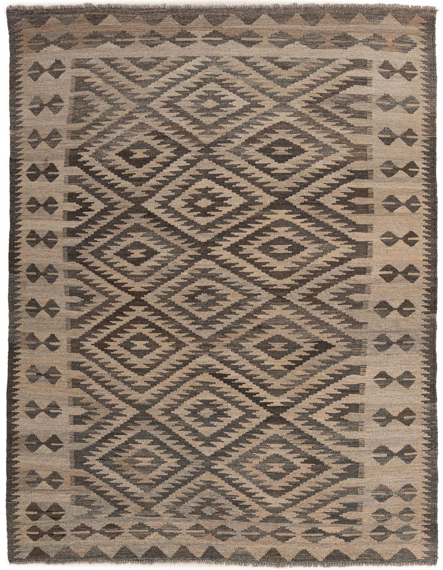 A 5x7 rectangular Kilim Maymana rug featuring a tribal geometric pattern in shades of gray and silver.