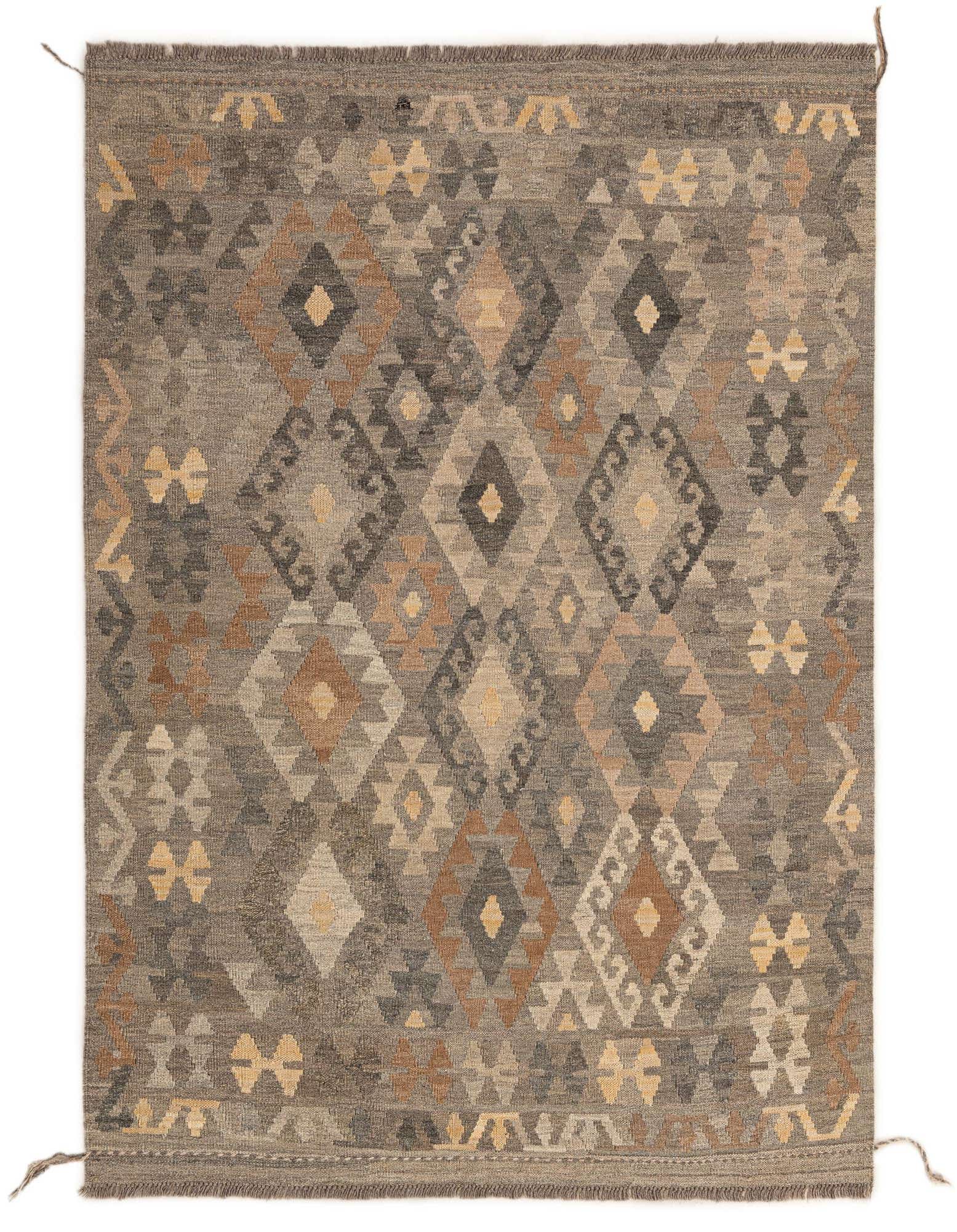 A 5x7 rectangular Kilim Maymana rug featuring a tribal geometric pattern in shades of gray, silver, and muted earth tones.