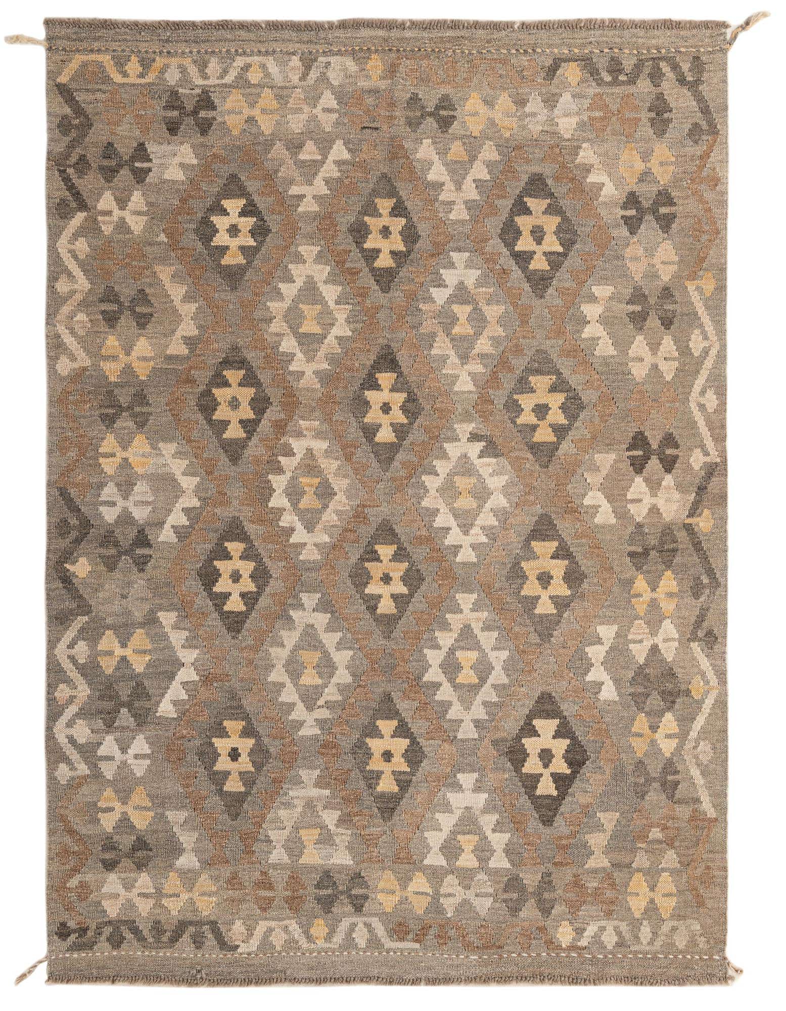 A 5x7 rectangular Kilim Maymana rug featuring a tribal geometric pattern in shades of gray, silver, brown, and cream.