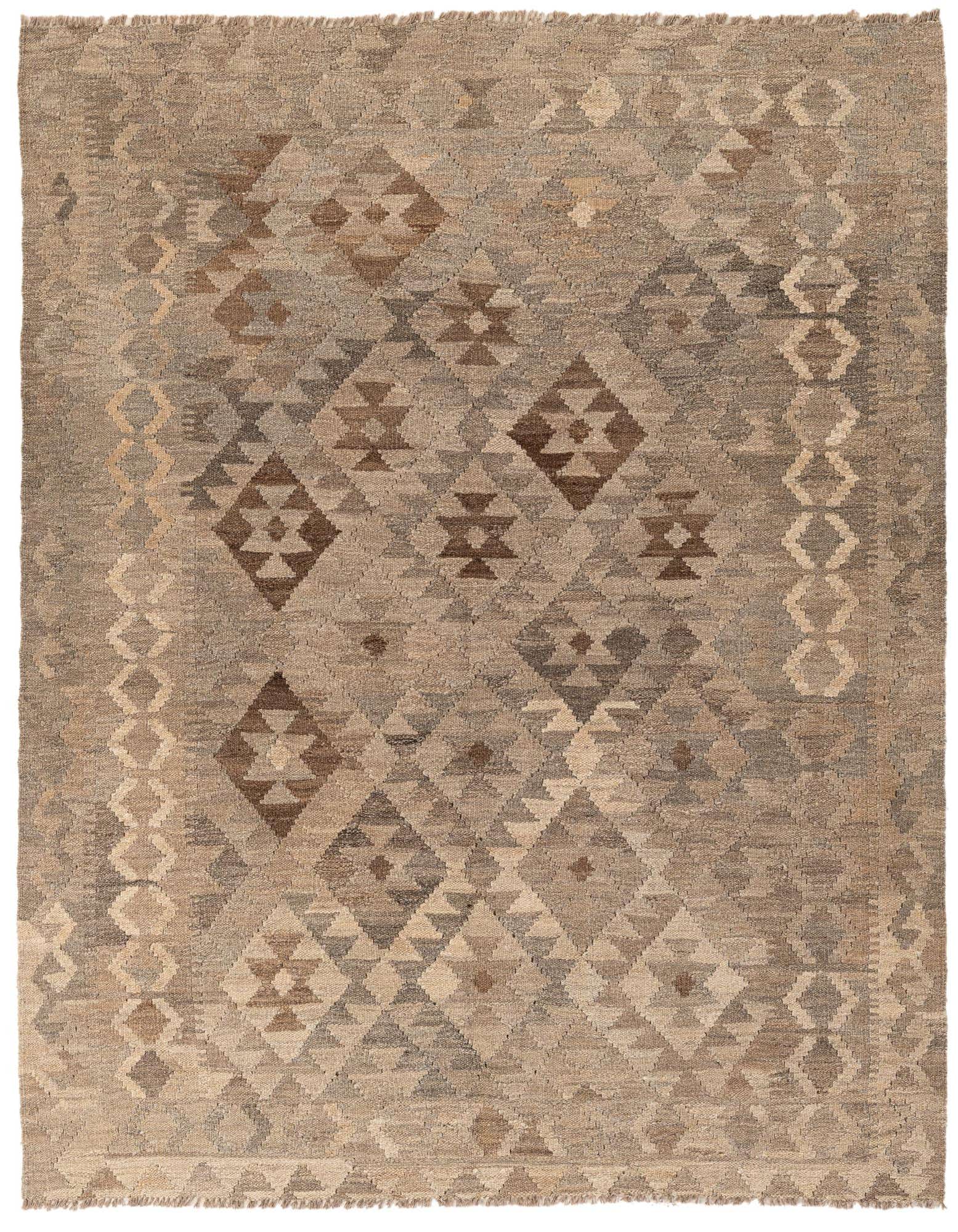 A 5x7 rectangular Kilim Maymana rug featuring a tribal geometric pattern in varying shades of gray, silver, and brown, with a flatweave texture.