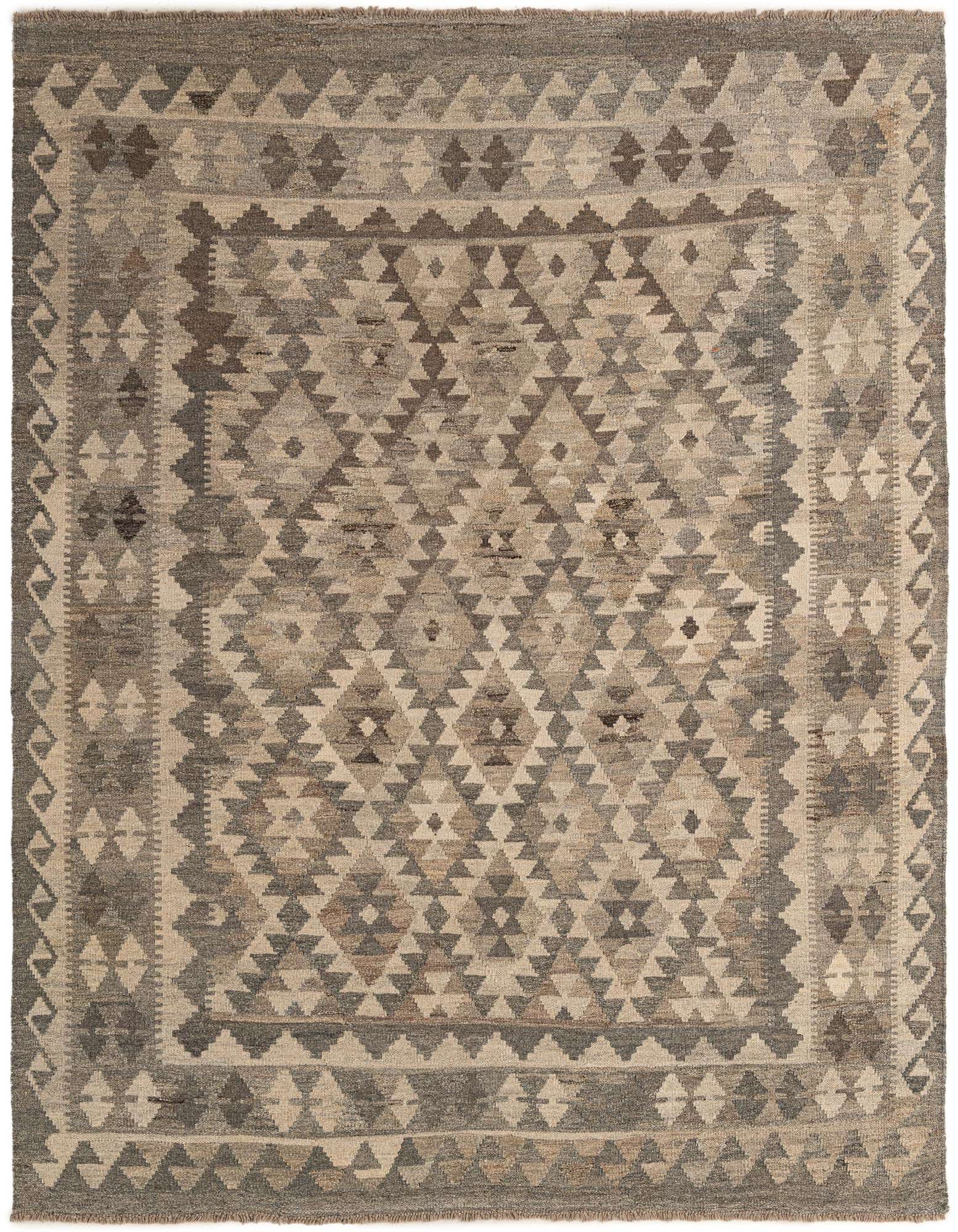 A 5x7 rectangular Kilim Maymana rug featuring a tribal geometric pattern in shades of gray and silver, perfect for an indoor living space.