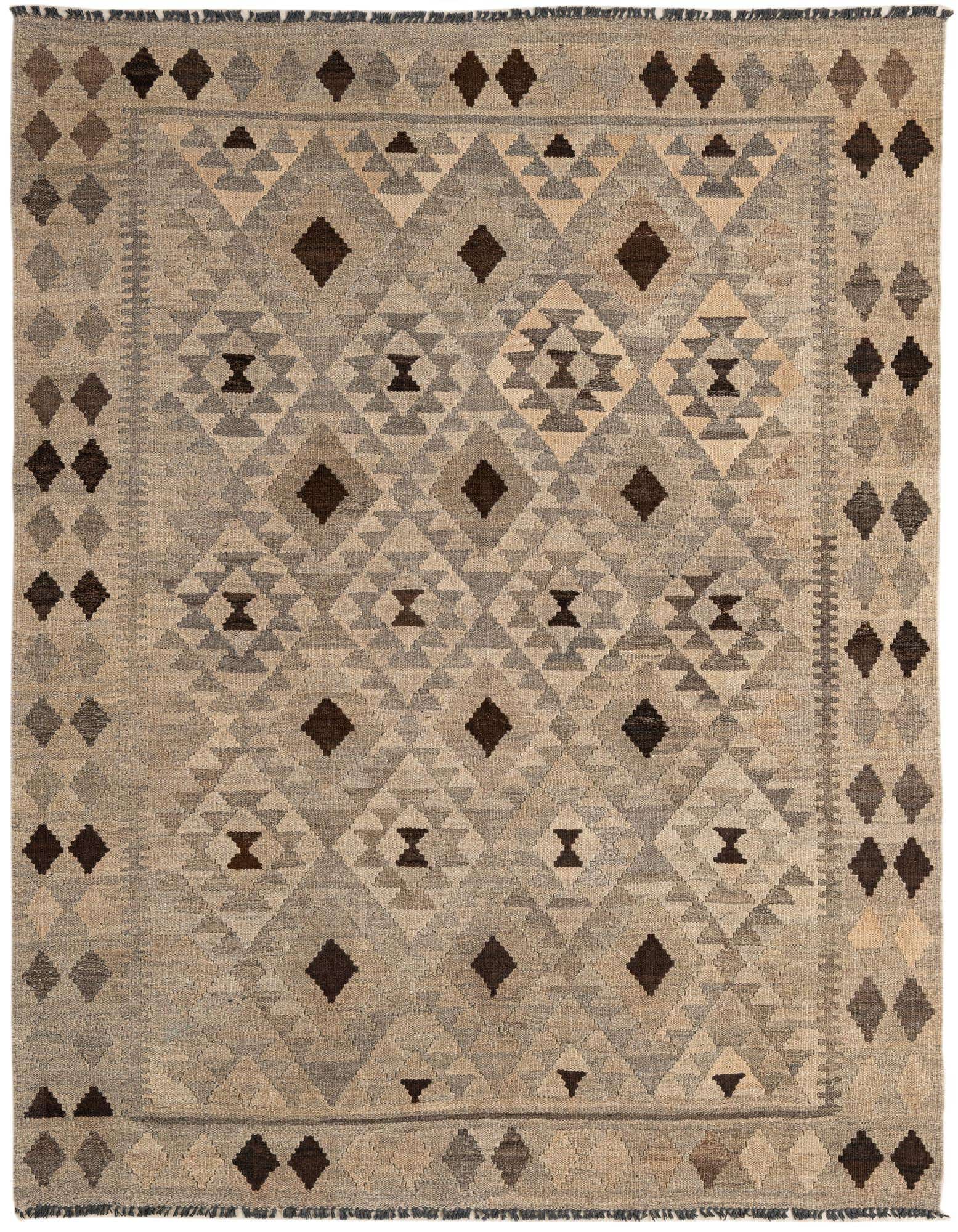 A 5x7 rectangular Kilim Maymana rug featuring a tribal geometric pattern in shades of gray, silver, and dark brown.