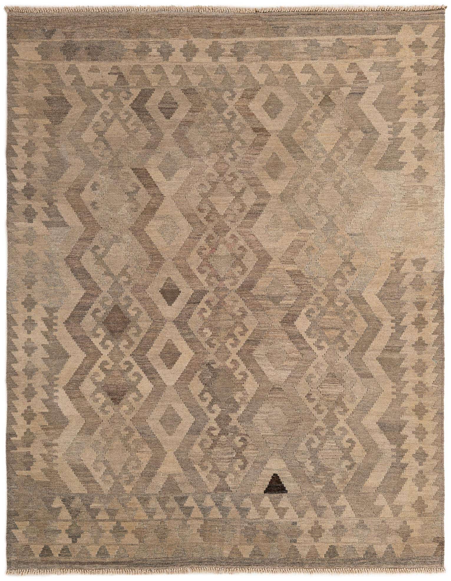 A 5x7 rectangular Kilim Maymana rug featuring a tribal geometric pattern in varying shades of gray and silver.