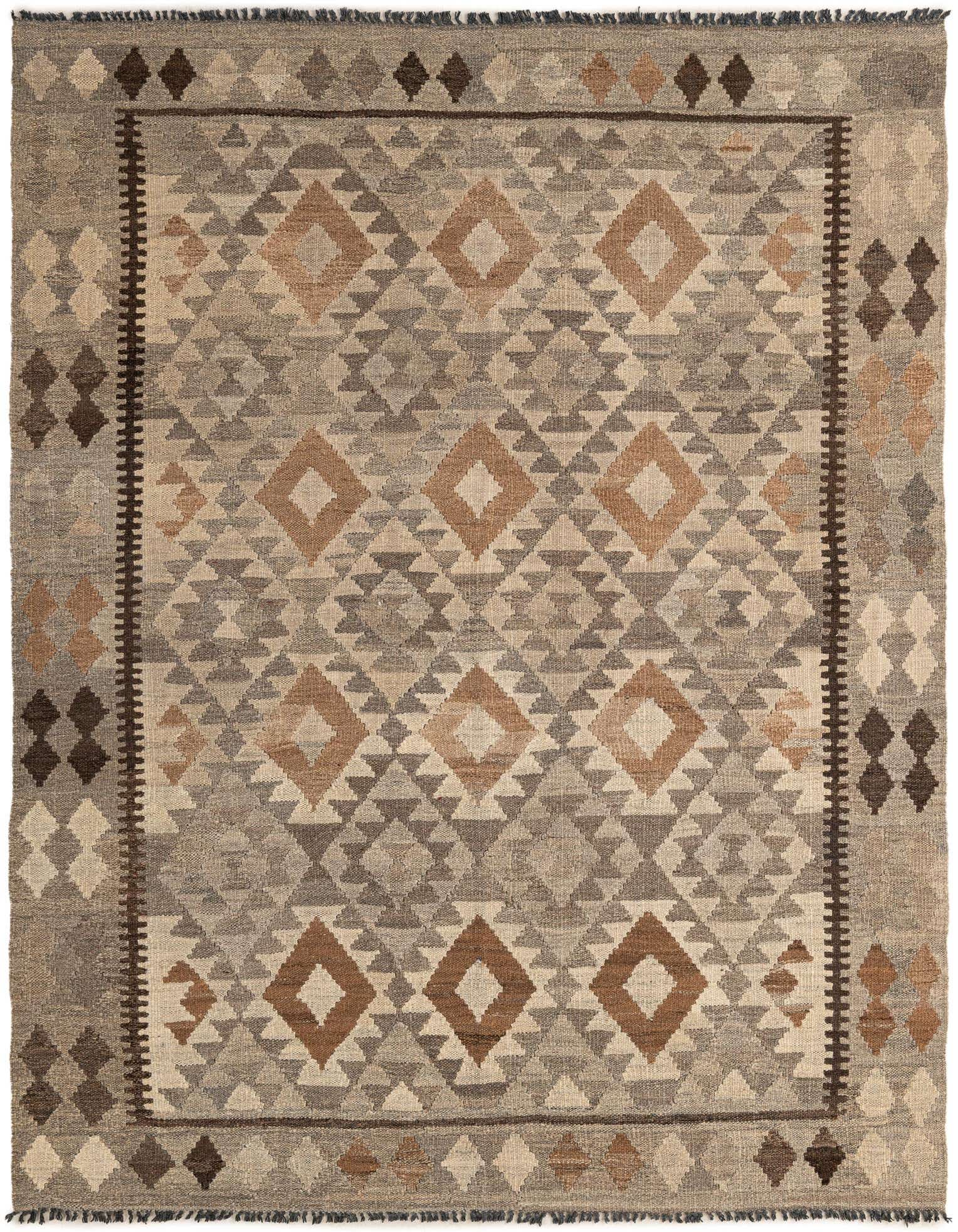 A 5x7 rectangular Kilim Maymana rug featuring a tribal geometric pattern in shades of gray, silver, and brown, with a flatweave texture.