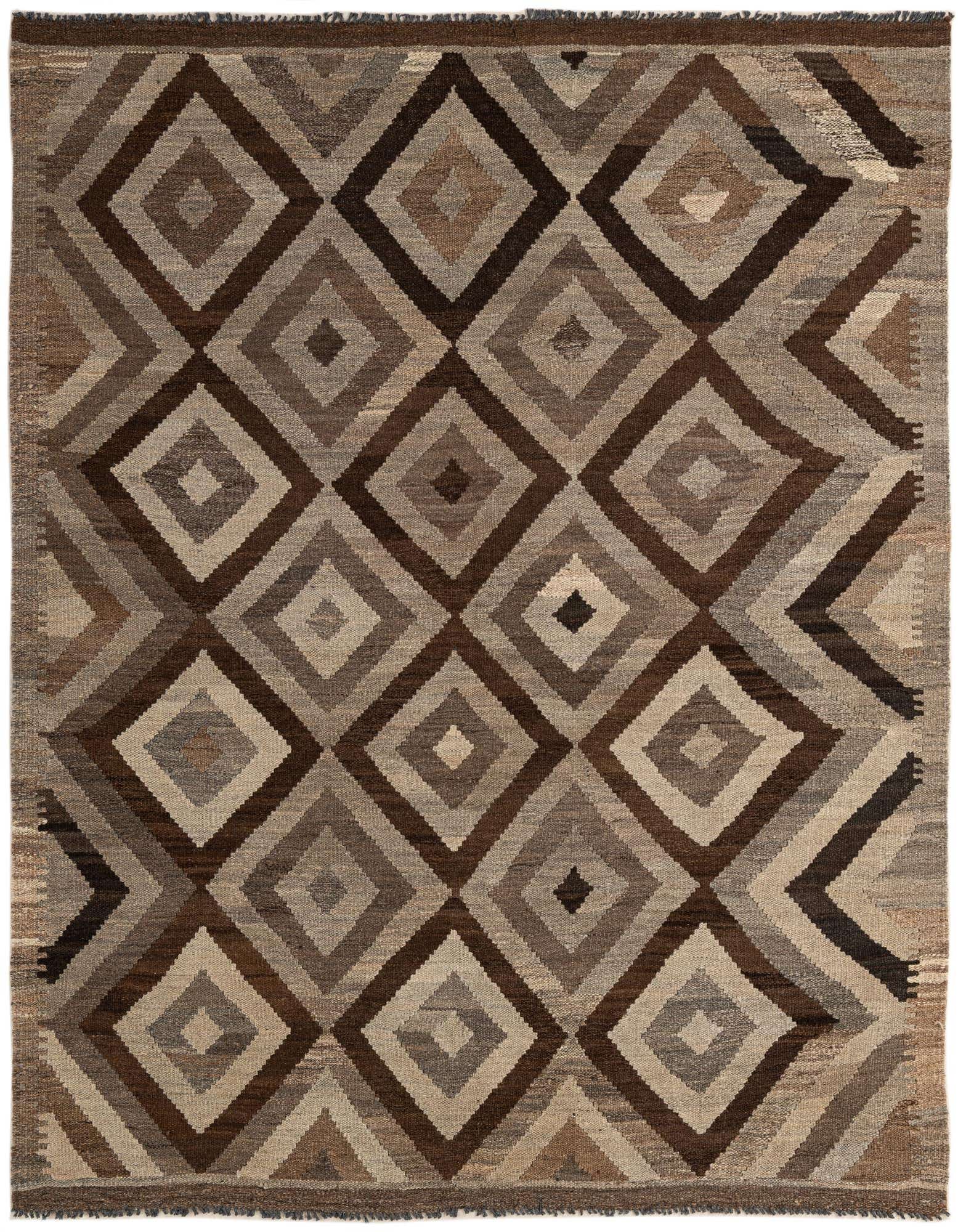 A 5x7 rectangular Kilim Maymana rug featuring a tribal geometric pattern of nested diamonds in varying shades of gray, silver, and brown.