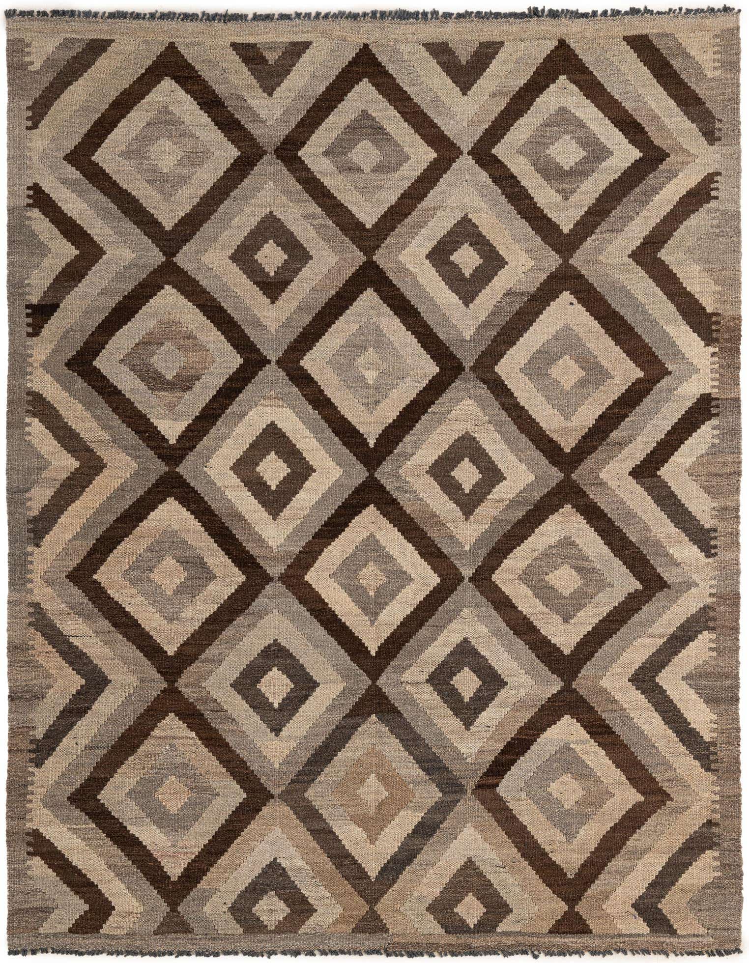 A 5x7 rectangular Kilim Maymana wool rug featuring a tribal geometric pattern of nested diamonds in varying shades of gray and brown.