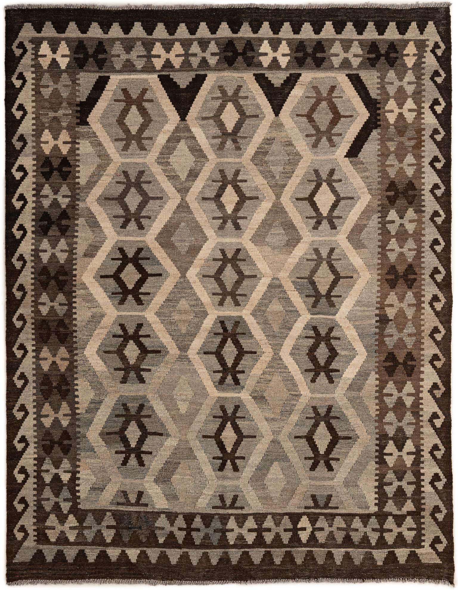 A 5x7 rectangular Kilim Maymana rug featuring a tribal geometric pattern in shades of gray, silver, and dark brown.