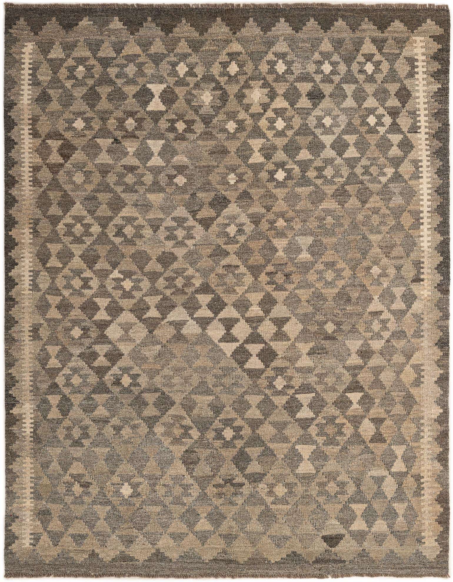 A 5x7 rectangular Kilim Maymana rug featuring a tribal geometric pattern in varying shades of gray and silver, with a flatweave texture.