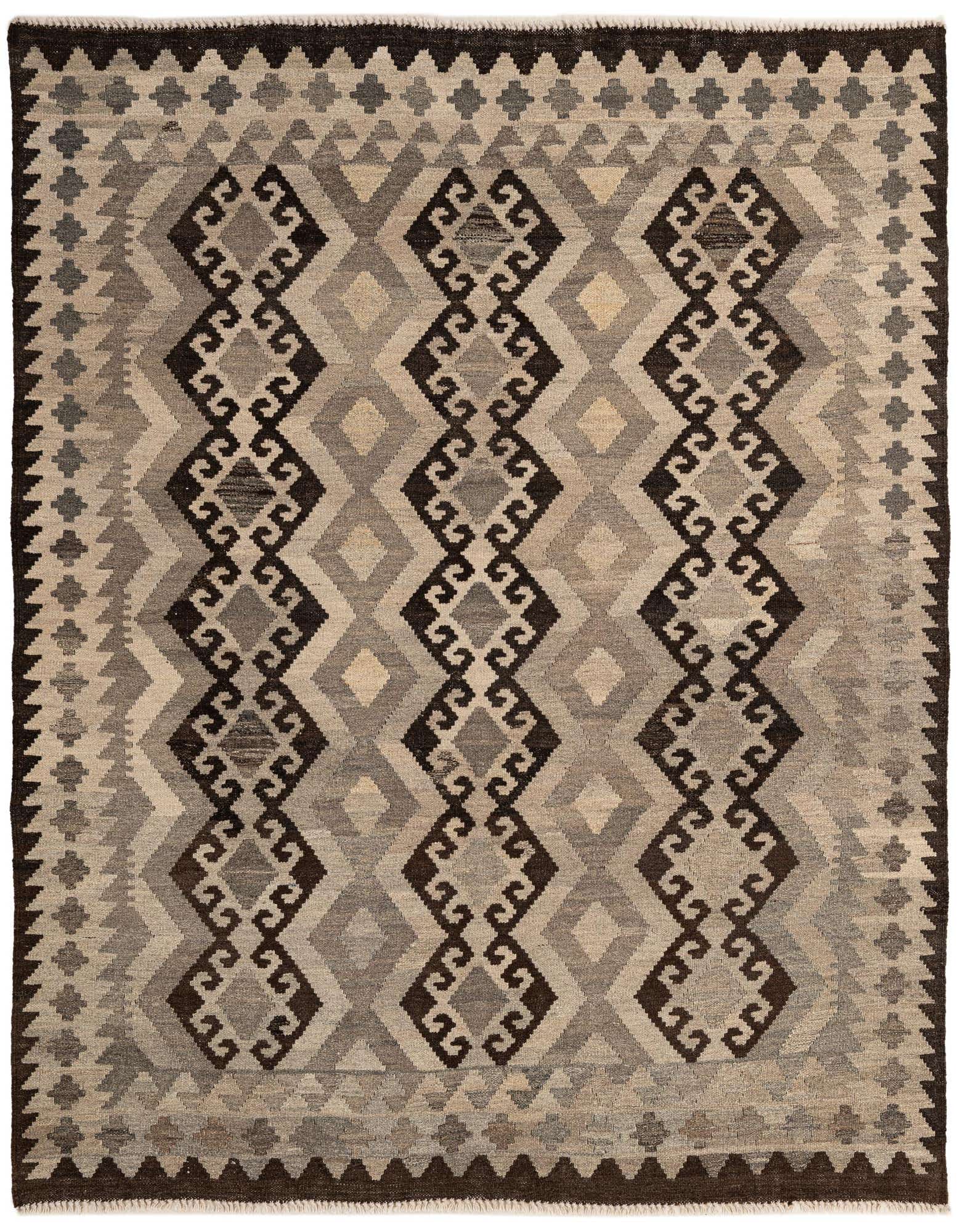 A 5x7 rectangular Kilim Maymana rug featuring a tribal geometric pattern in shades of gray, silver, and dark brown.