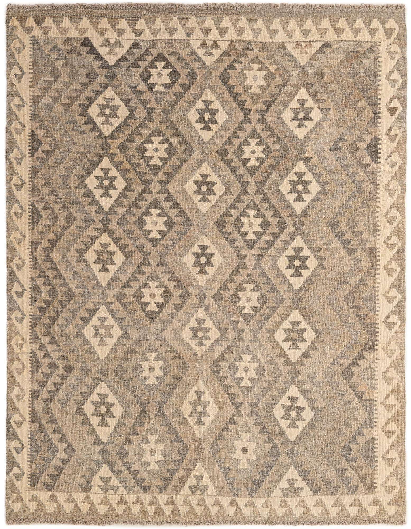 A 5x7 rectangular Kilim Maymana rug featuring a tribal geometric pattern in shades of gray, silver, and cream.