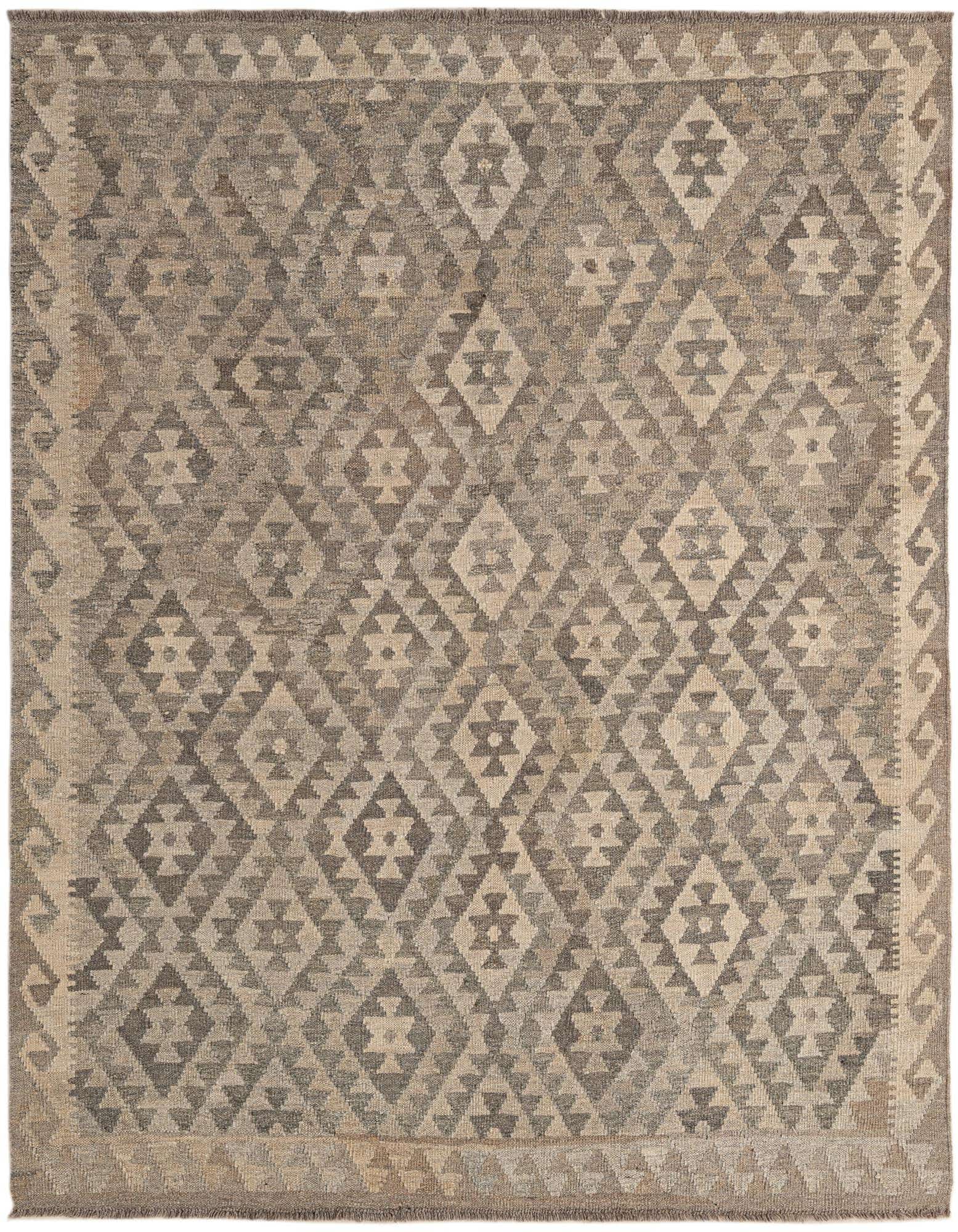 A 5x7 rectangular Kilim Maymana rug featuring a tribal geometric pattern in varying shades of gray and silver.