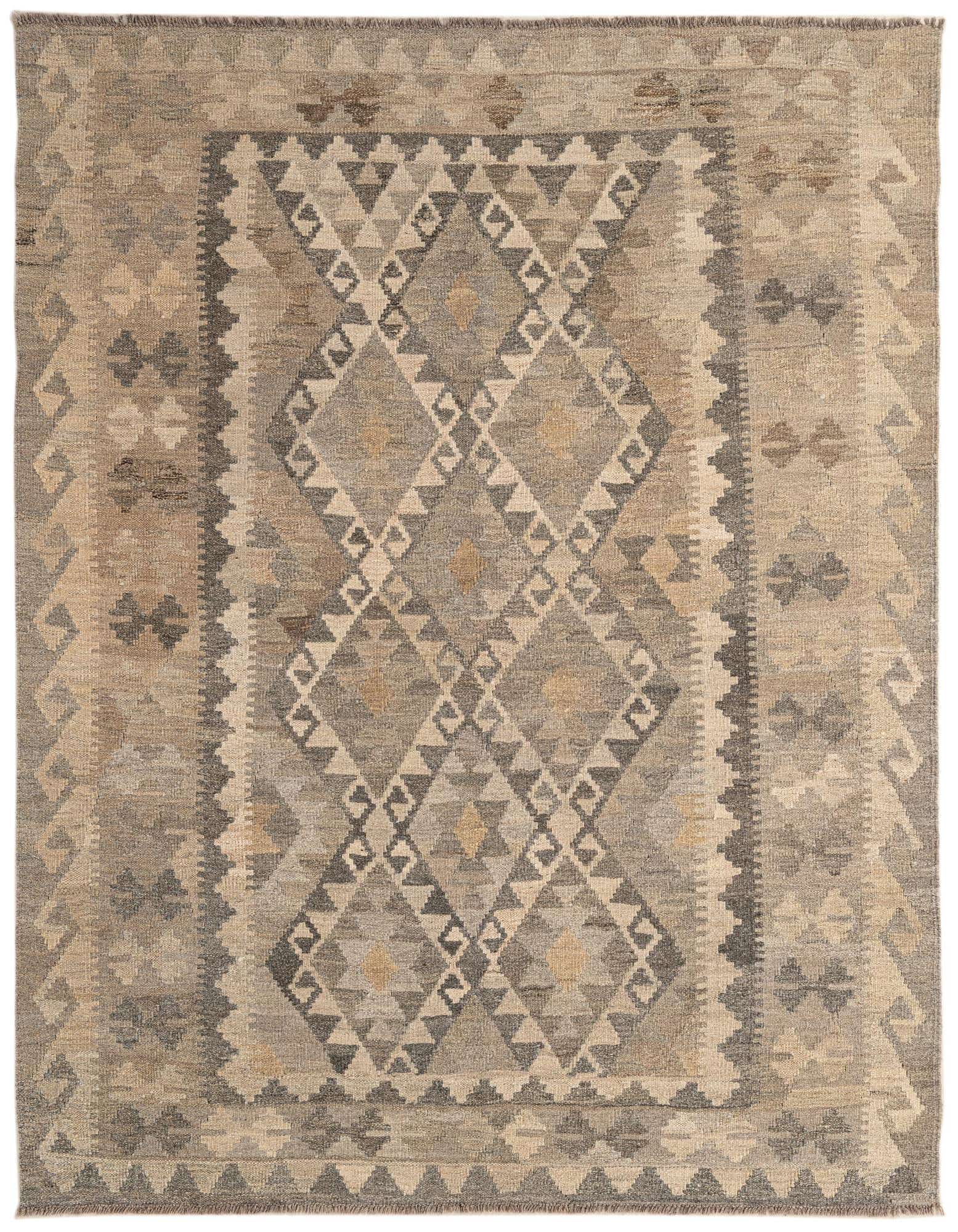 A 5x7 rectangular Kilim Maymana rug featuring a tribal geometric pattern in various shades of gray and silver.